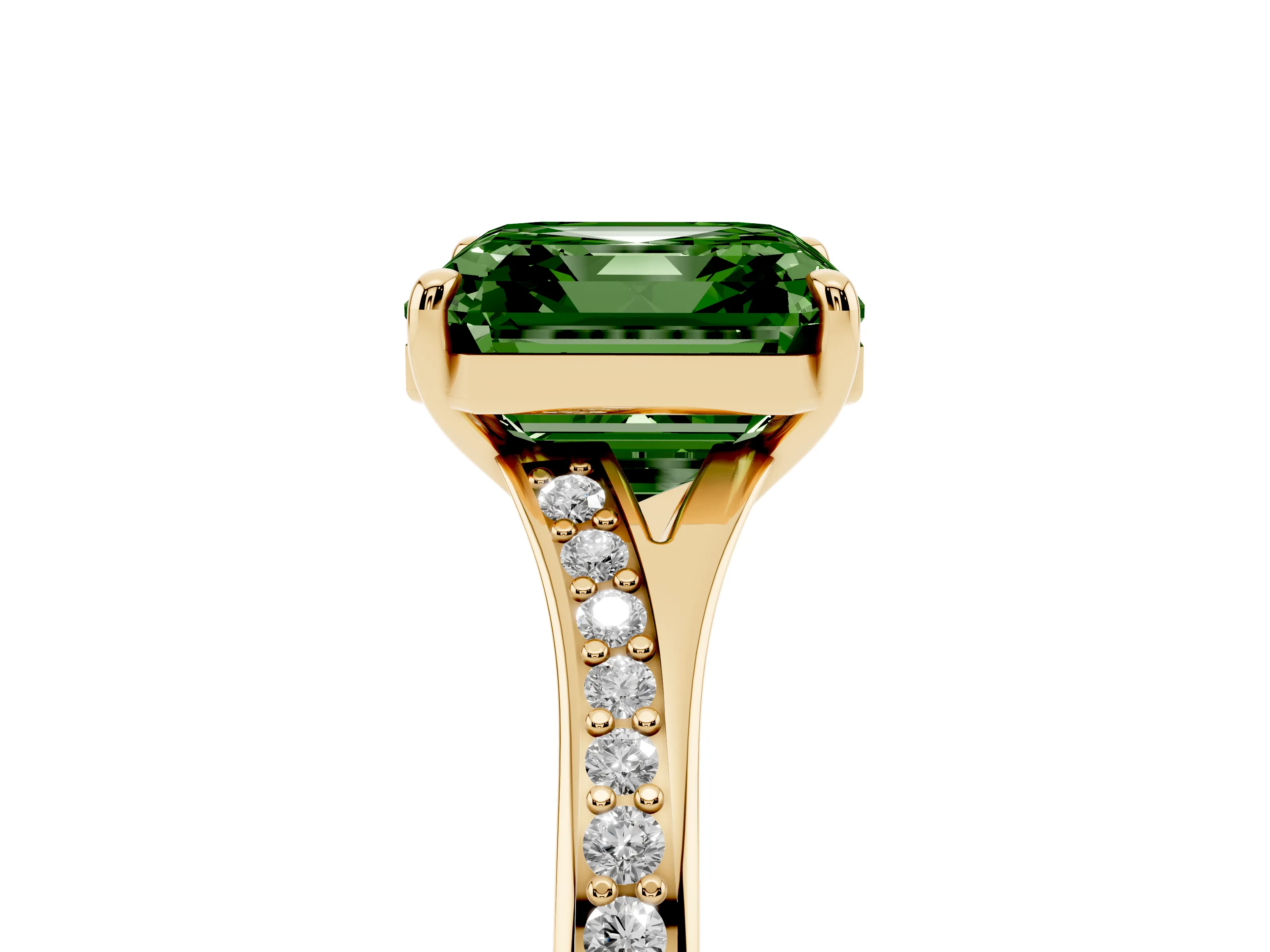 Fancy Green Asscher Cut Diamond Solitaire Ring Set in Yellow gold with Pavé Accent Band and Classic Prong Setting