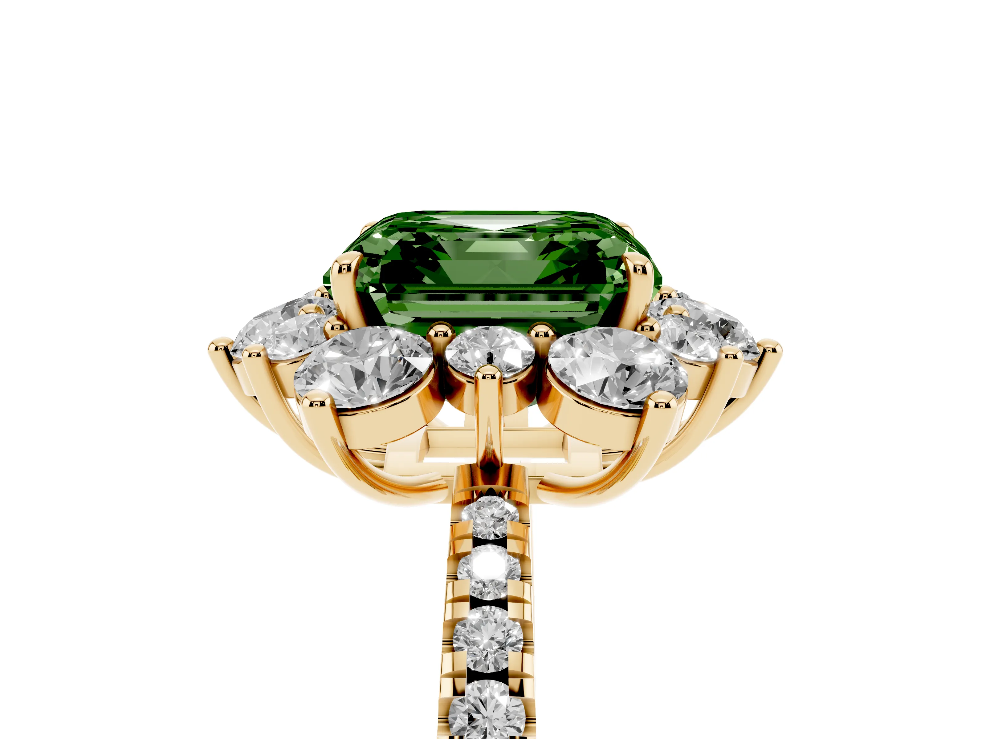 Fancy Green Asscher Cut Diamond Floral Halo Ring Set in Yellow gold with Round Pavé Band and Prong Setting