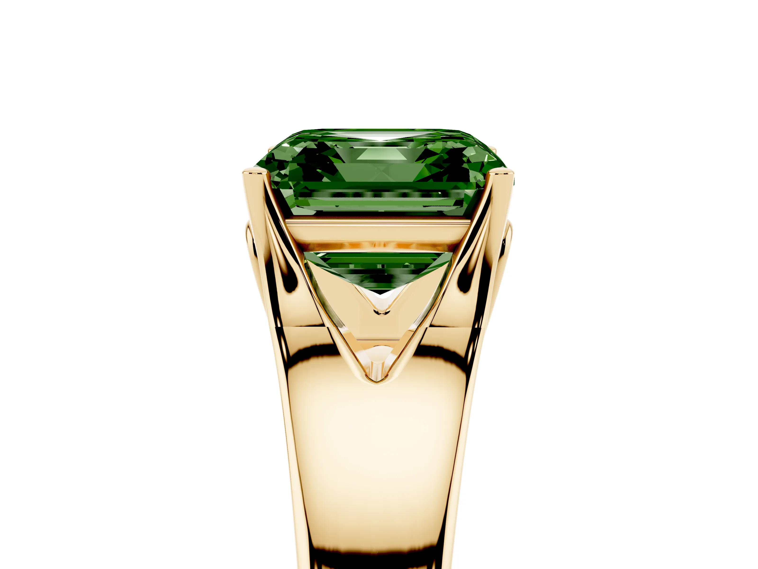 Fancy Green Asscher Cut Diamond Solitaire Ring Set in Yellow gold with Arched Cathedral Band and Prong Setting