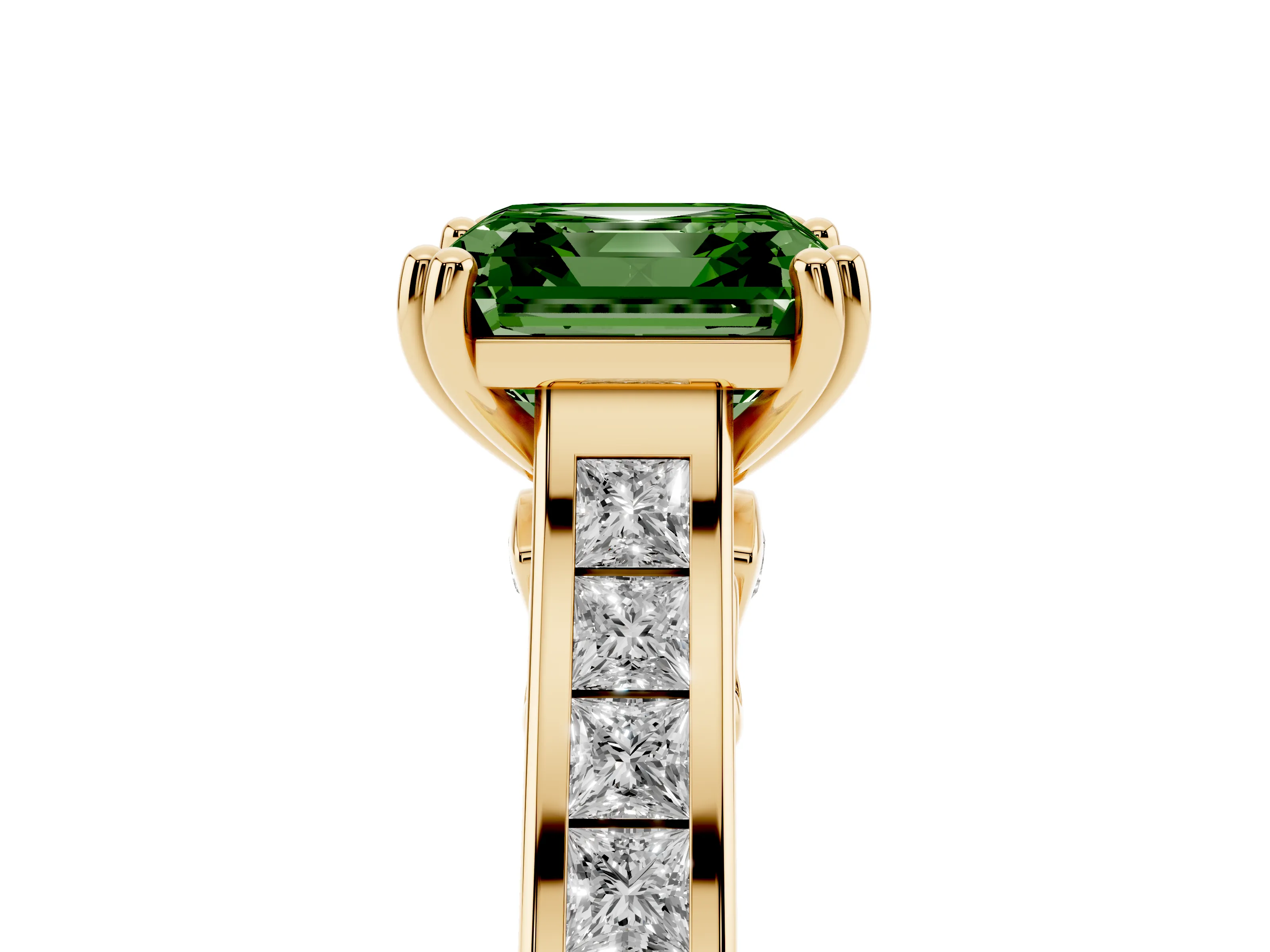 Fancy Green Asscher Cut Diamond Channel Set Solitaire Engagement Ring Set in Yellow gold with Prong Setting