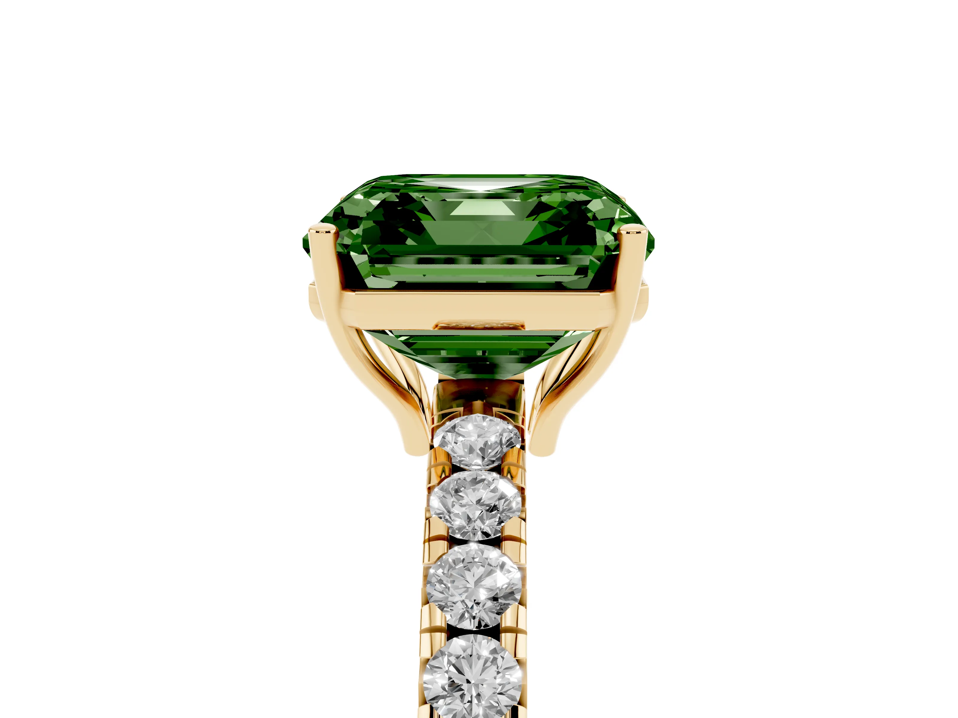 Fancy Green Asscher Cut Diamond Pavé Solitaire Engagement Ring Set in Yellow gold with Prong Setting
