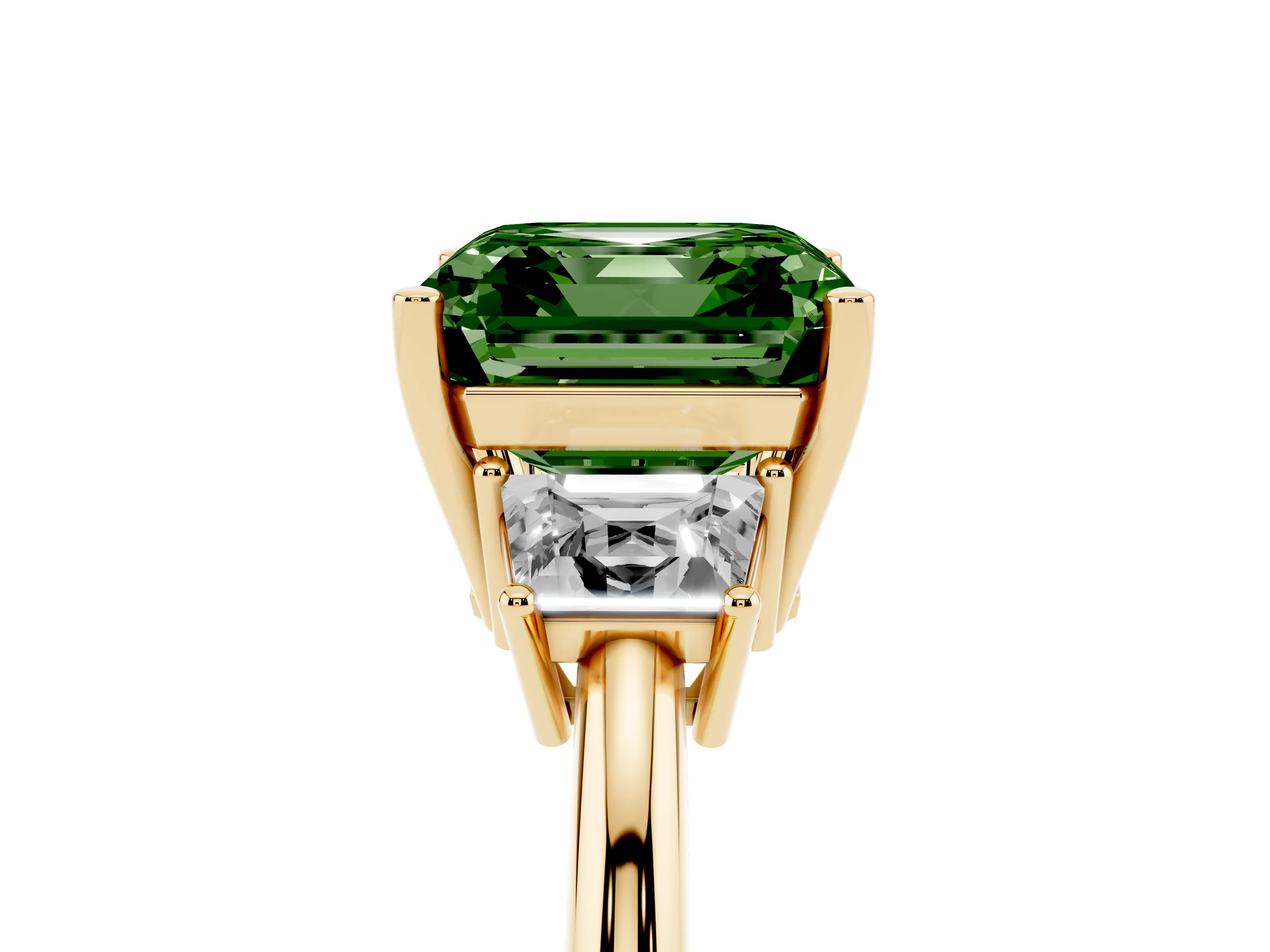 Fancy Green Asscher Cut Diamond Three-Stone Ring Set in Yellow gold with Trapezoid Side Stones and Prong Setting
