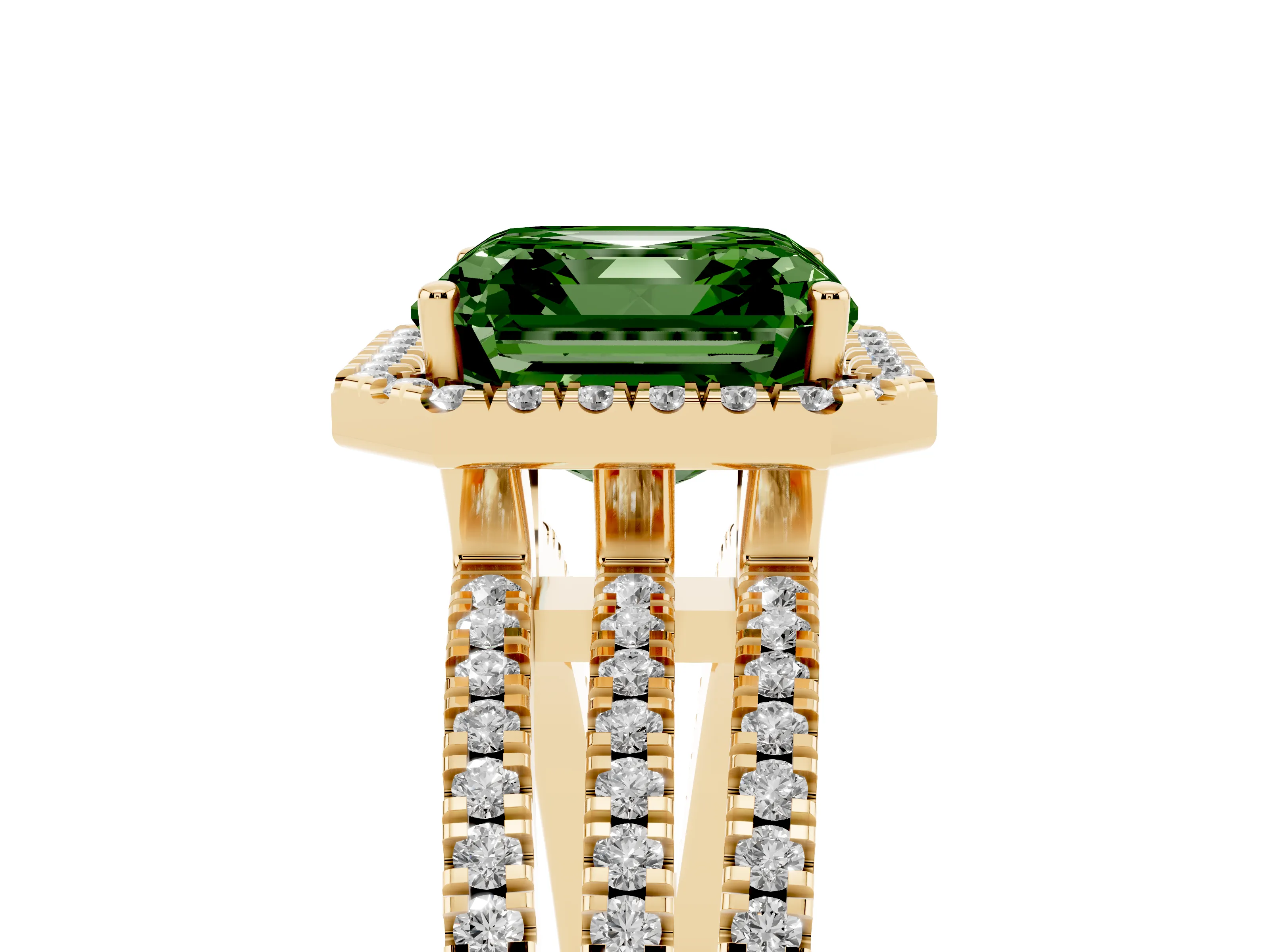 Fancy Green Asscher Cut Diamond Halo Split Shank Engagement Ring Set in Yellow gold with Prong Setting