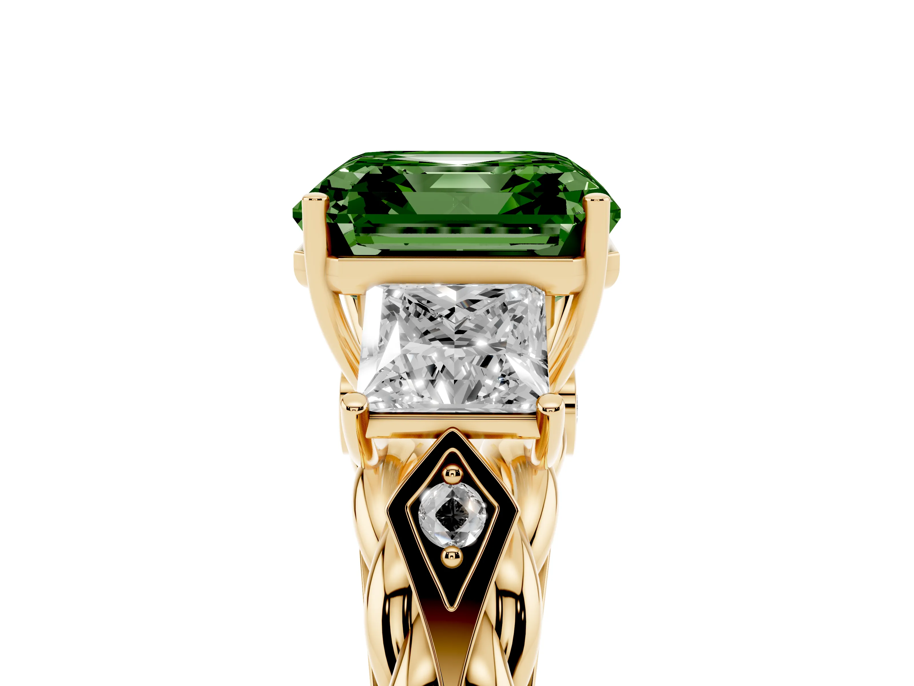 Fancy Green Asscher Cut Diamond Three-Stone Ring Set in Yellow gold with Braided Band