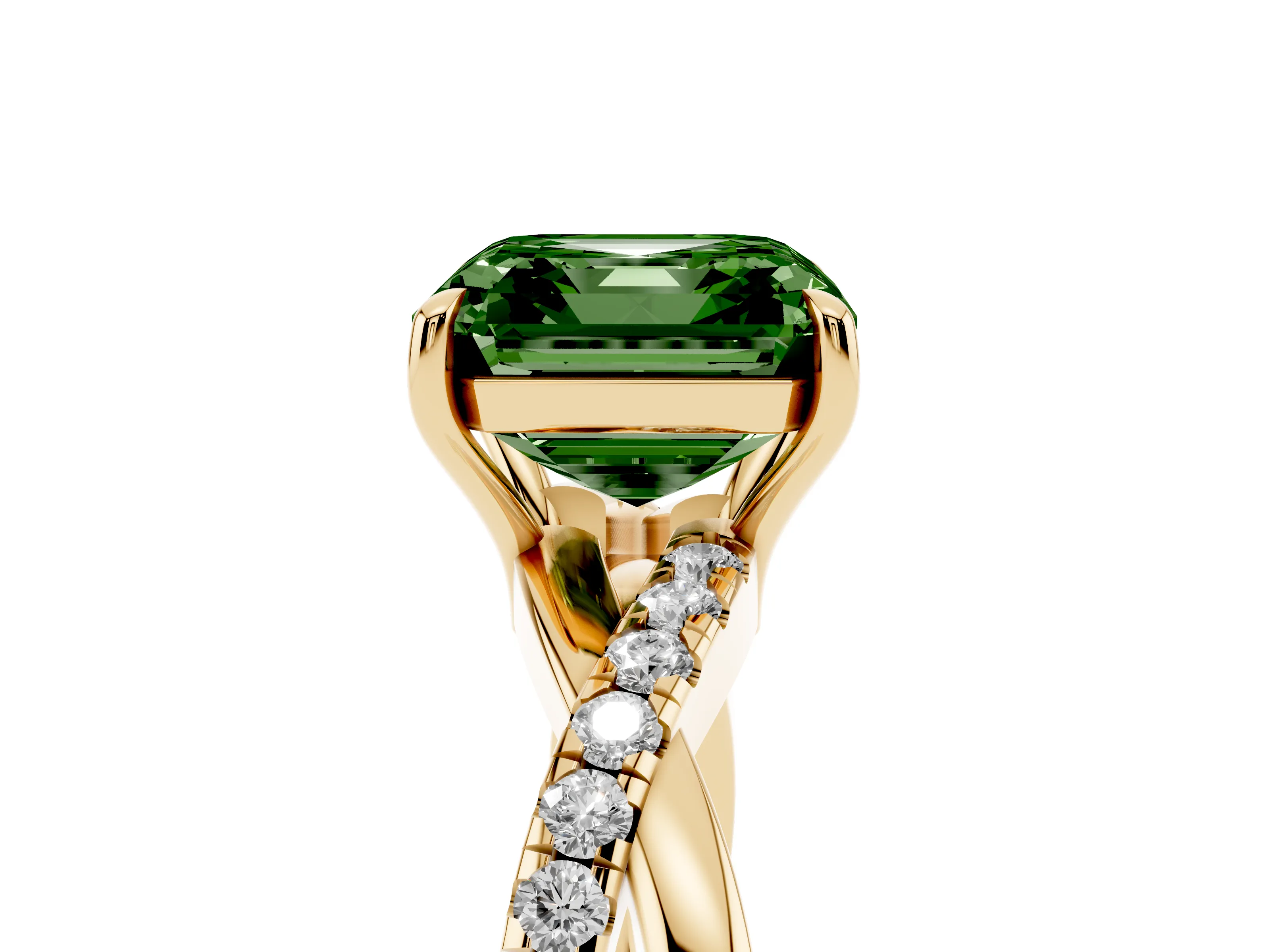 Fancy Green Asscher Cut Diamond Twisted Pavé Band Ring Set in Yellow gold with Prong Setting