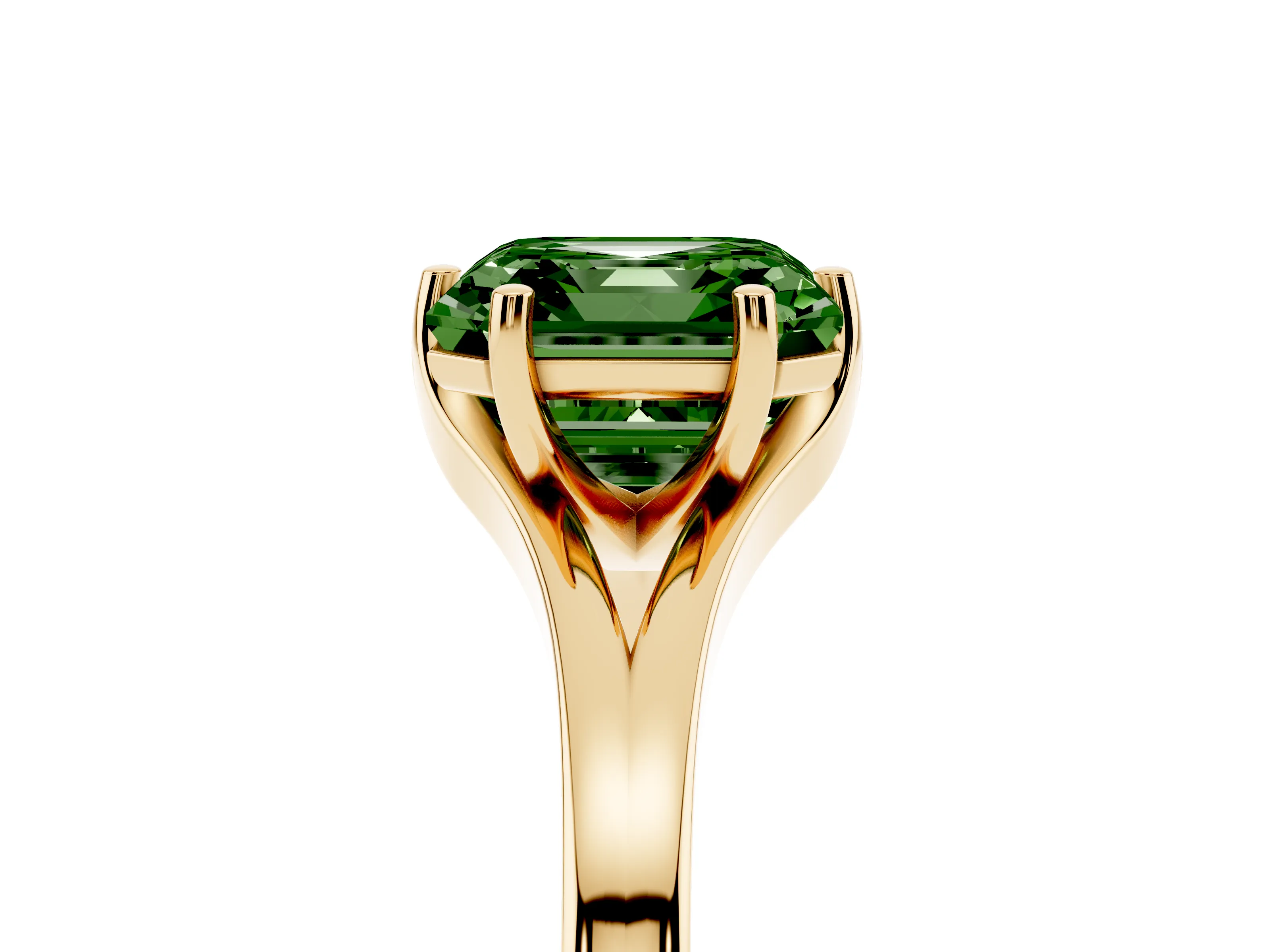 Fancy Green Asscher Cut Diamond Solitaire Ring Set in Yellow gold with Polished Tapered Band and Prong Setting