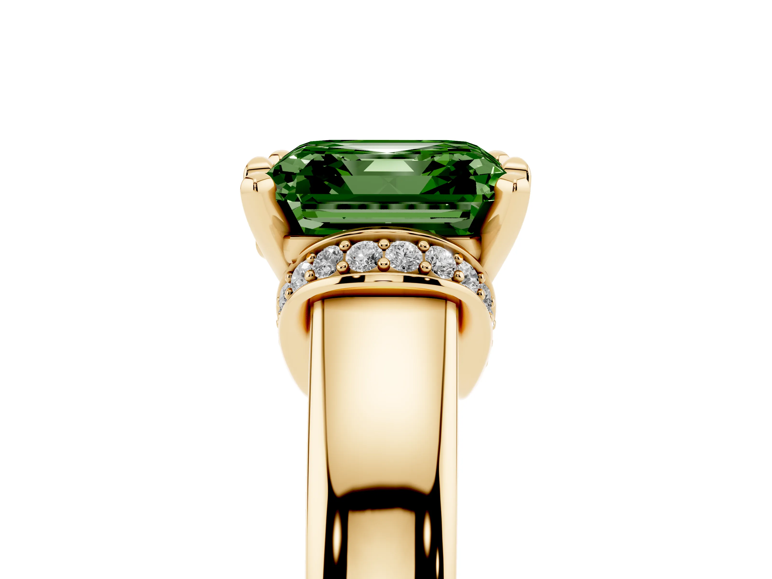 Fancy Green Asscher Cut Diamond Pavé Band Solitaire Ring Set in Yellow gold with Prong Setting
