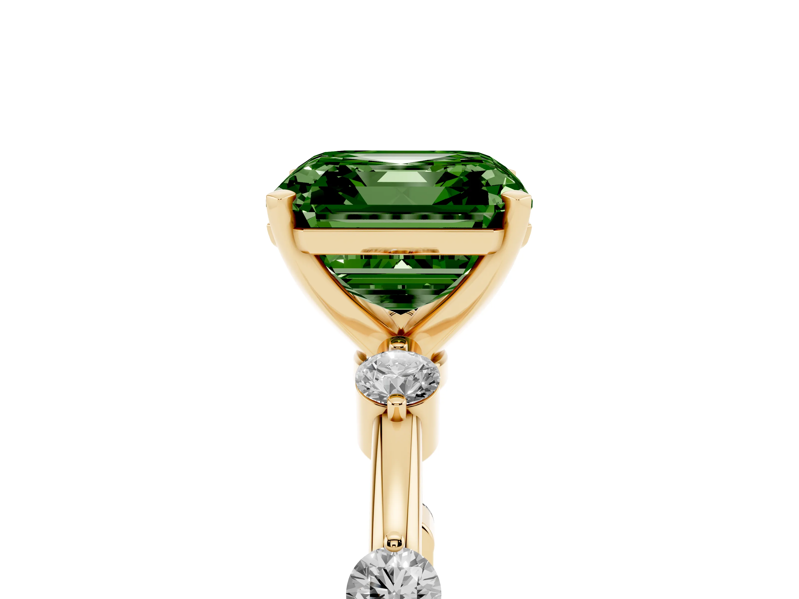 Fancy Green Asscher Cut Diamond Solitaire Ring Set in Yellow gold with Bezel Set Side Stones and Prong Setting