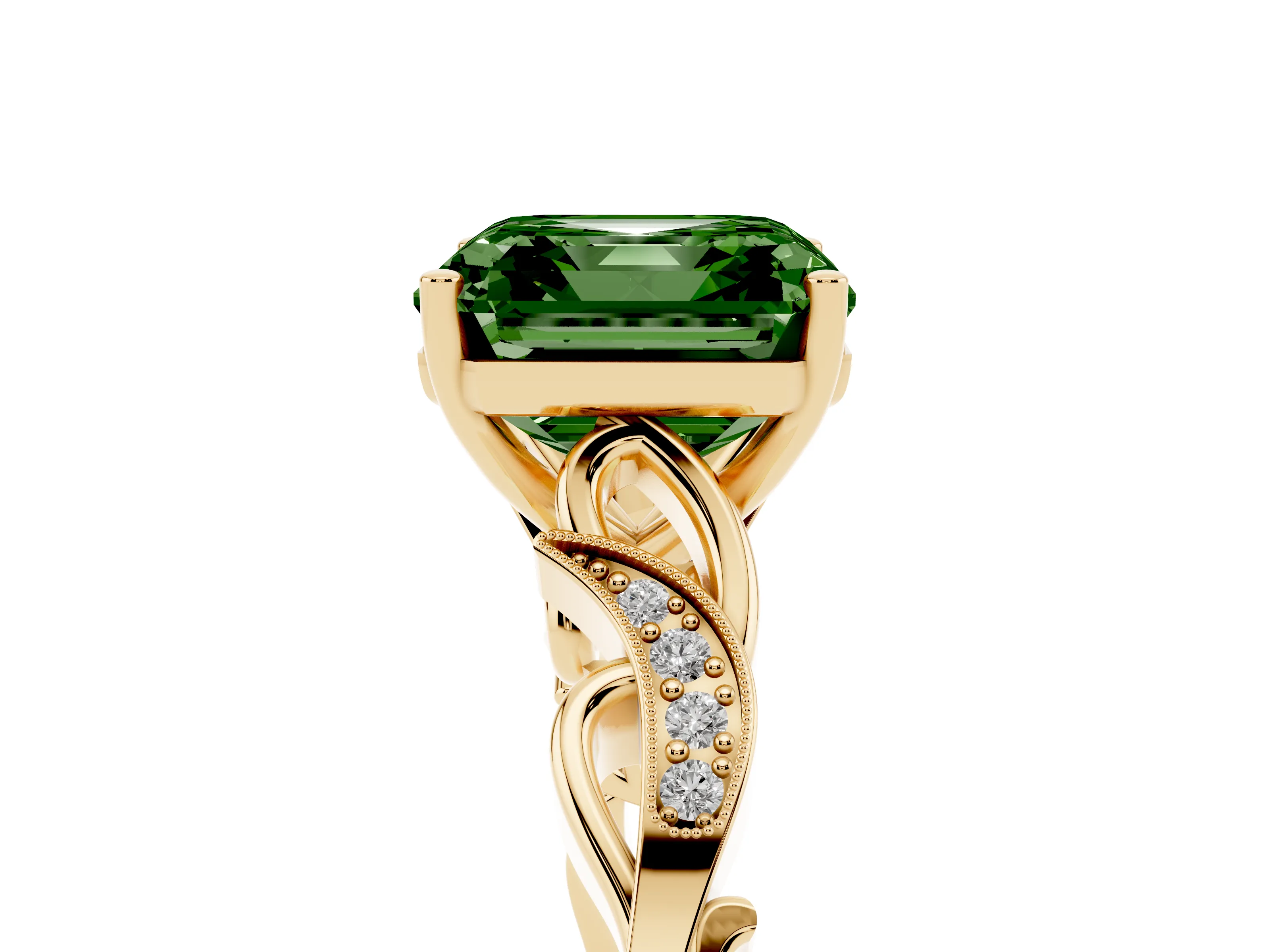 Fancy Green Asscher Cut Diamond Vine Band Solitaire Ring Set in Yellow gold with Milgrain Prong Setting