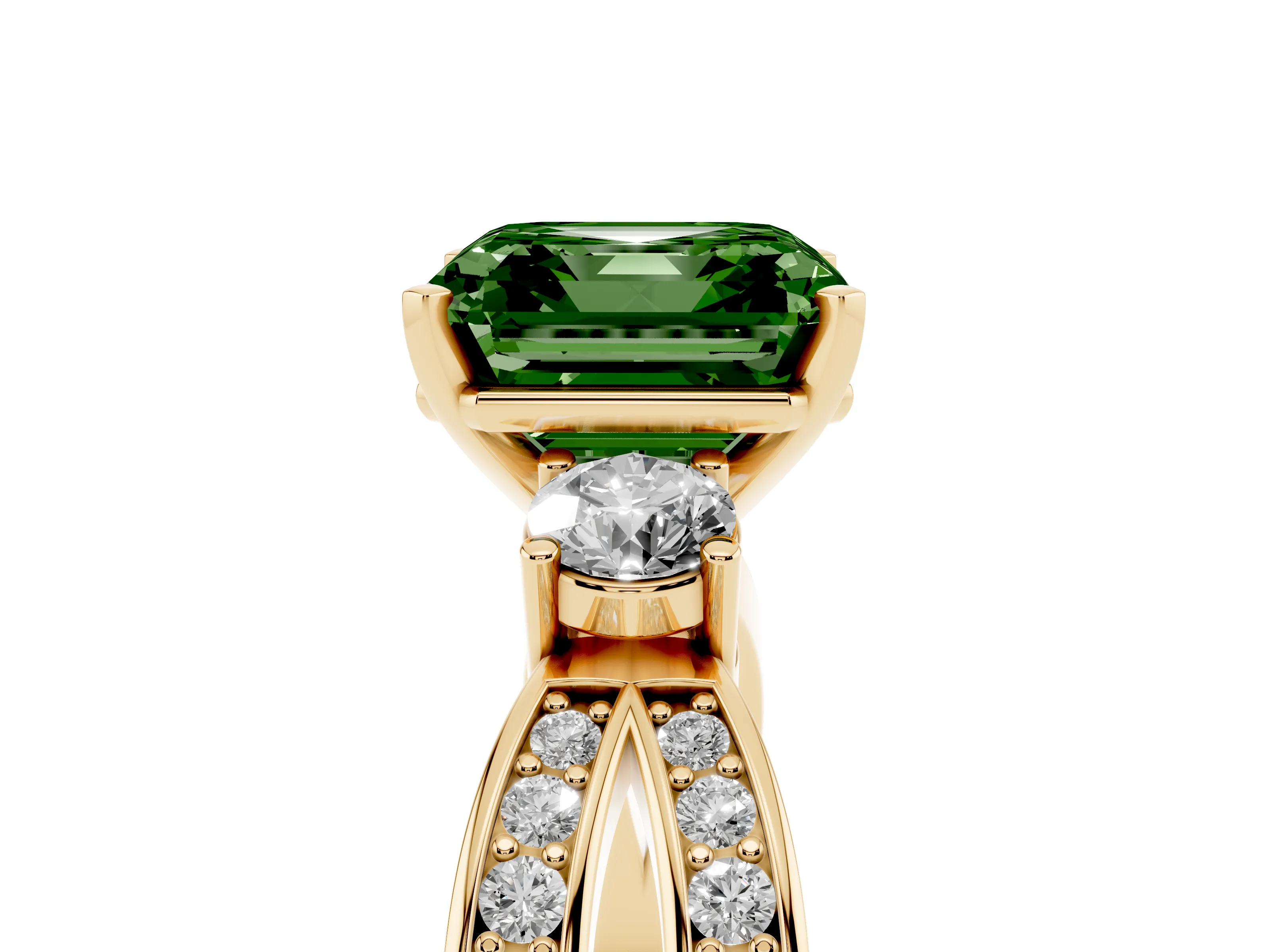 Fancy Green Three-Stone Asscher Cut Diamond Twist Band Ring Set in Yellow gold with Pavé Accents and Prong Setting