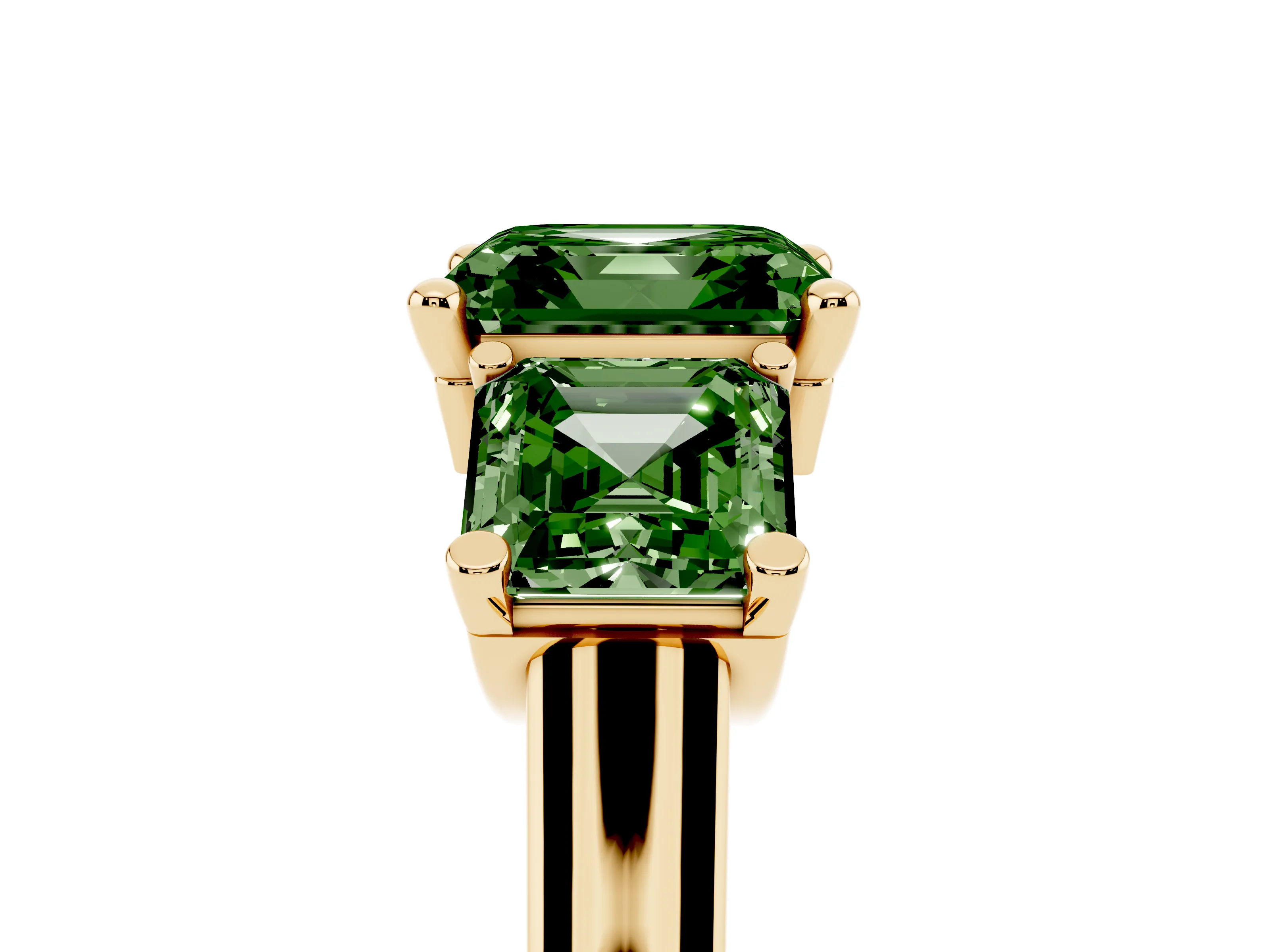Fancy Green Asscher Cut Diamond Three-Stone Trellis Ring Set in Yellow gold with Comfort Fit Band
