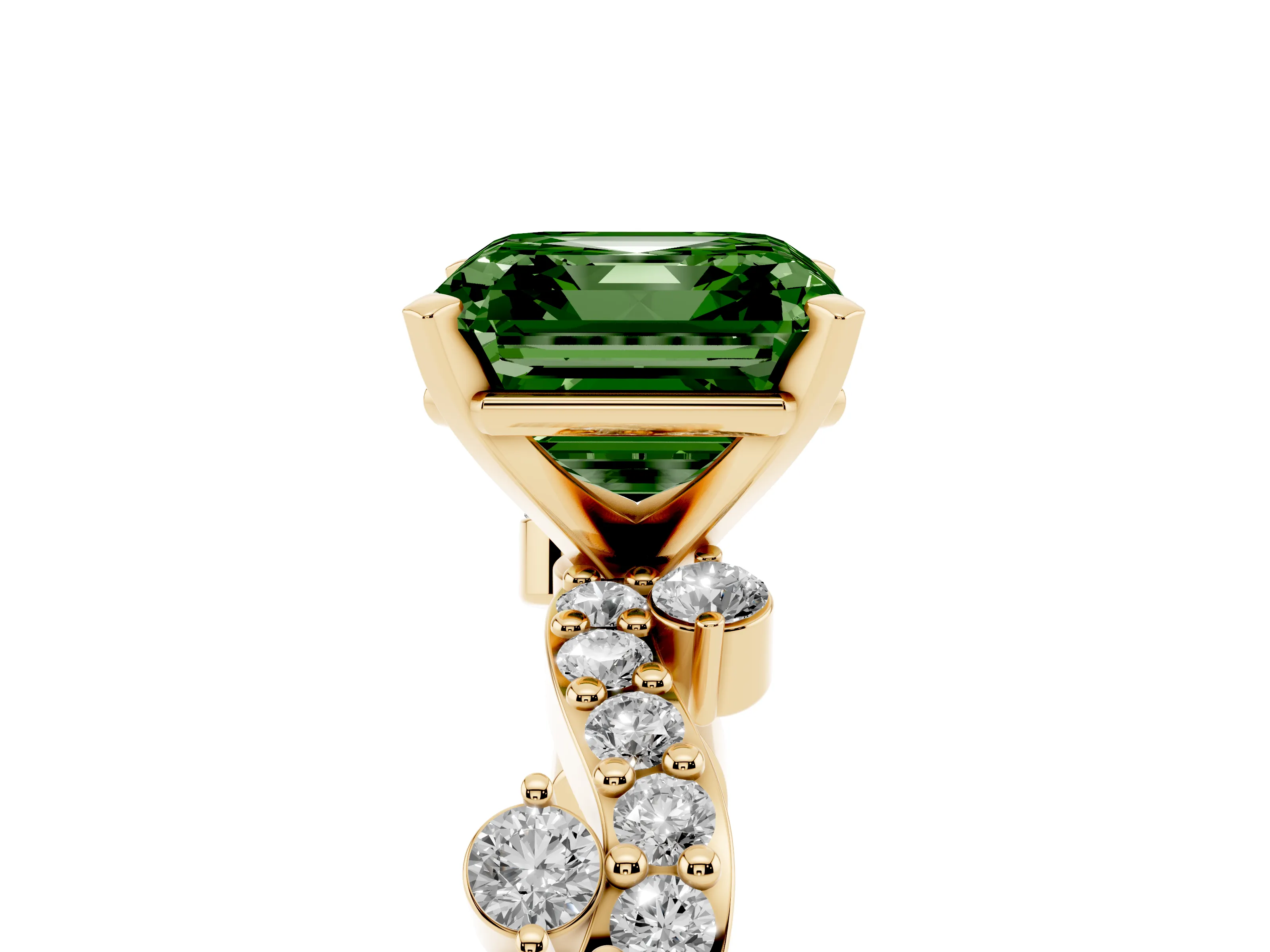 Fancy Green Asscher Cut Diamond Solitaire Twisted Band Set in Yellow gold with Pavé Setting