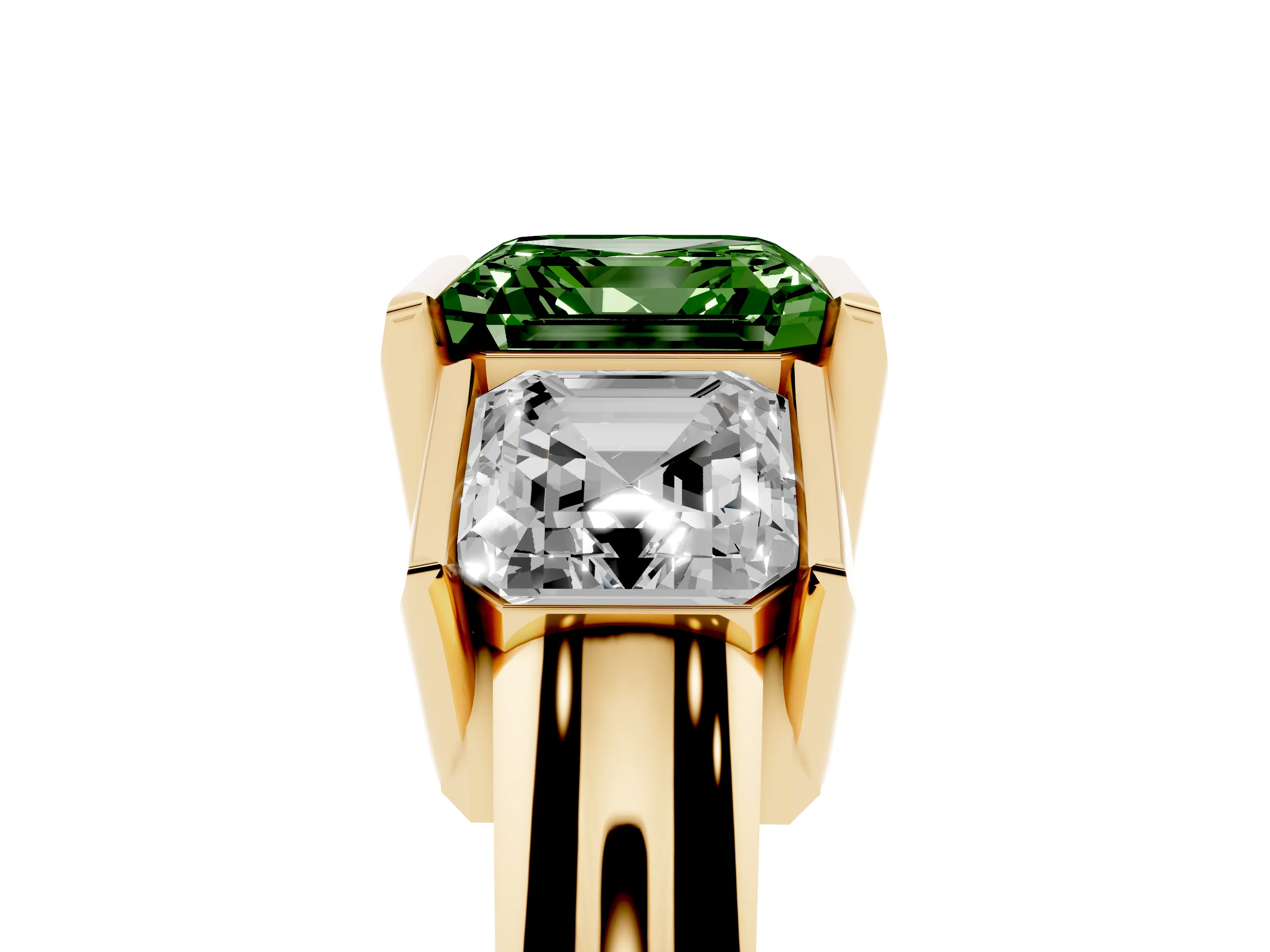 Fancy Green Asscher Cut Diamond Three-Stone Channel Set Ring Set in Yellow gold with Smooth Polished Band