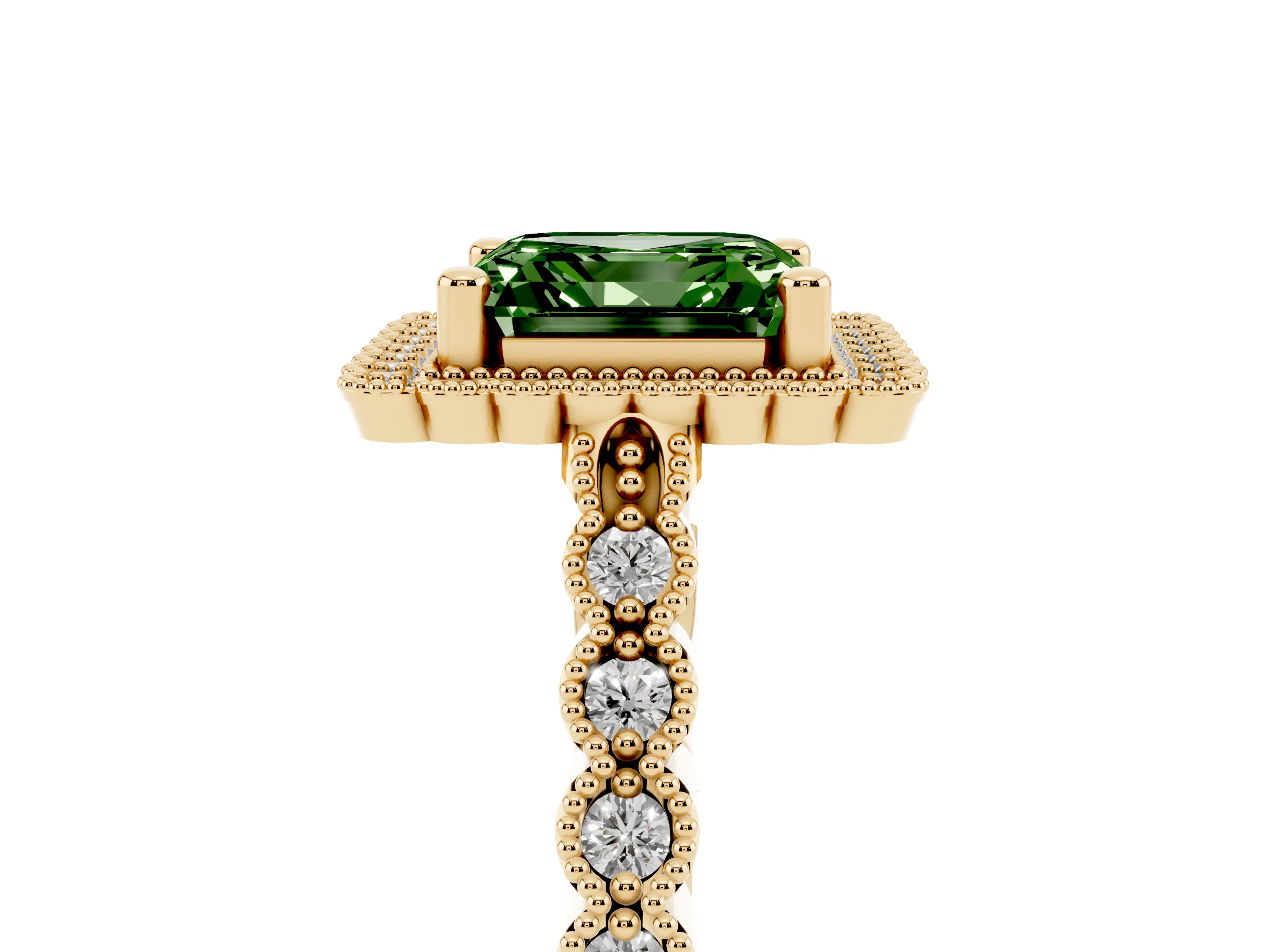 Fancy Green Asscher Cut Diamond Halo Ring Set in Yellow gold with Pavé Milgrain Band