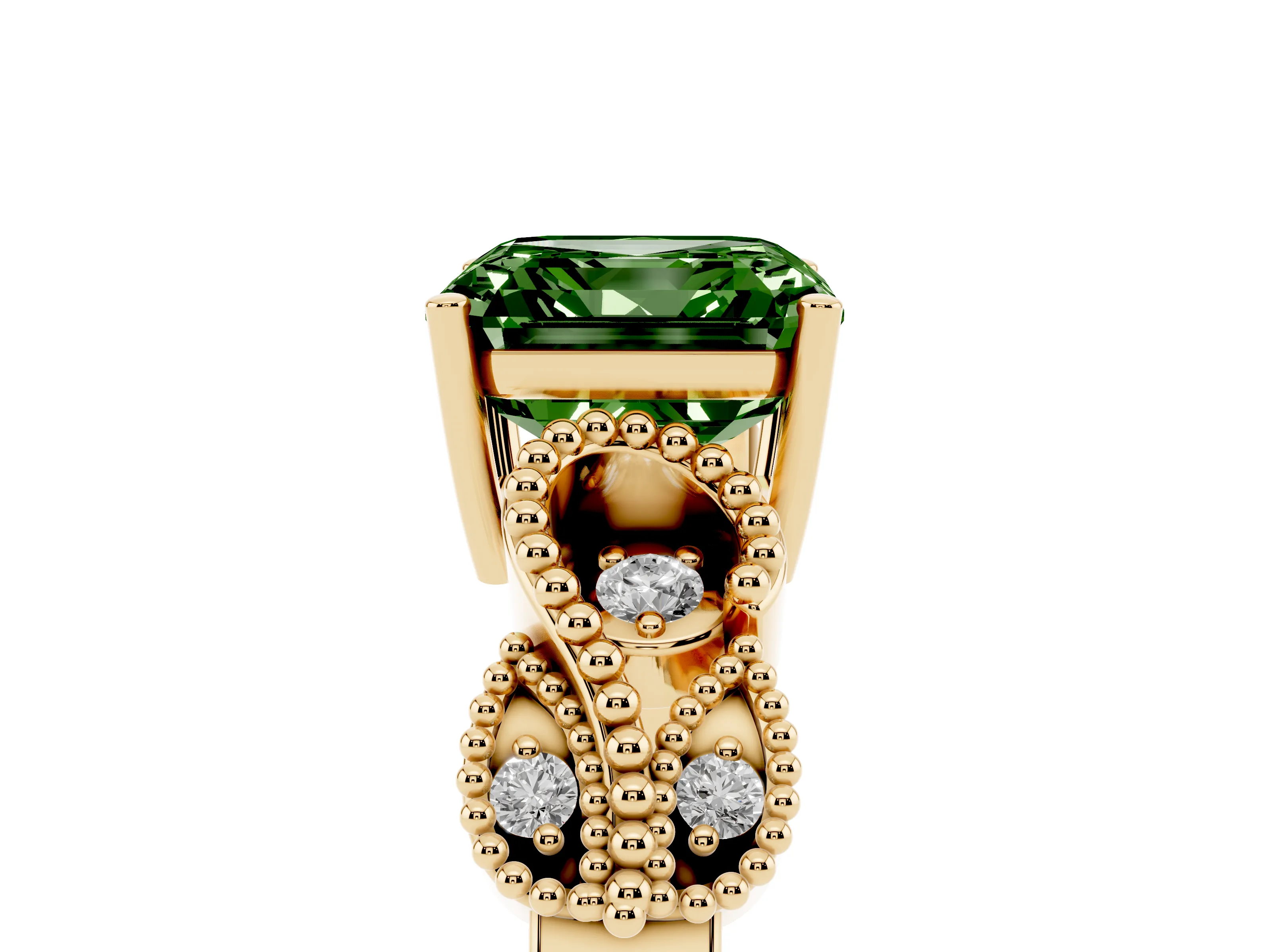 Fancy Green Asscher Cut Diamond Milgrain Leaf Band Solitaire Ring Set in Yellow gold with Accent Stones and Prong Setting