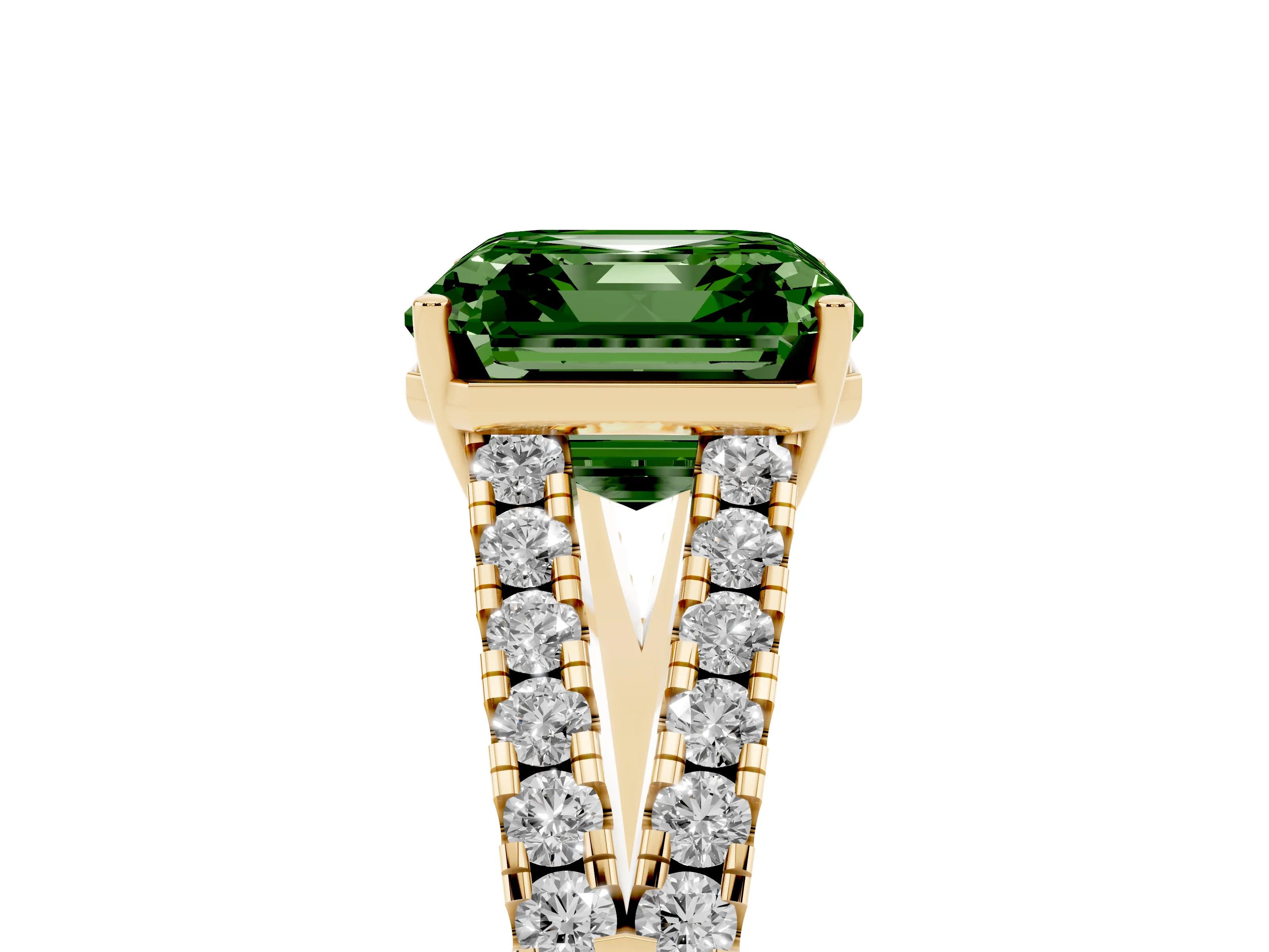 Fancy Green Asscher Cut Diamond Split Shank Pavé Engagement Ring Set in Yellow gold with Prong-Held Center Stone