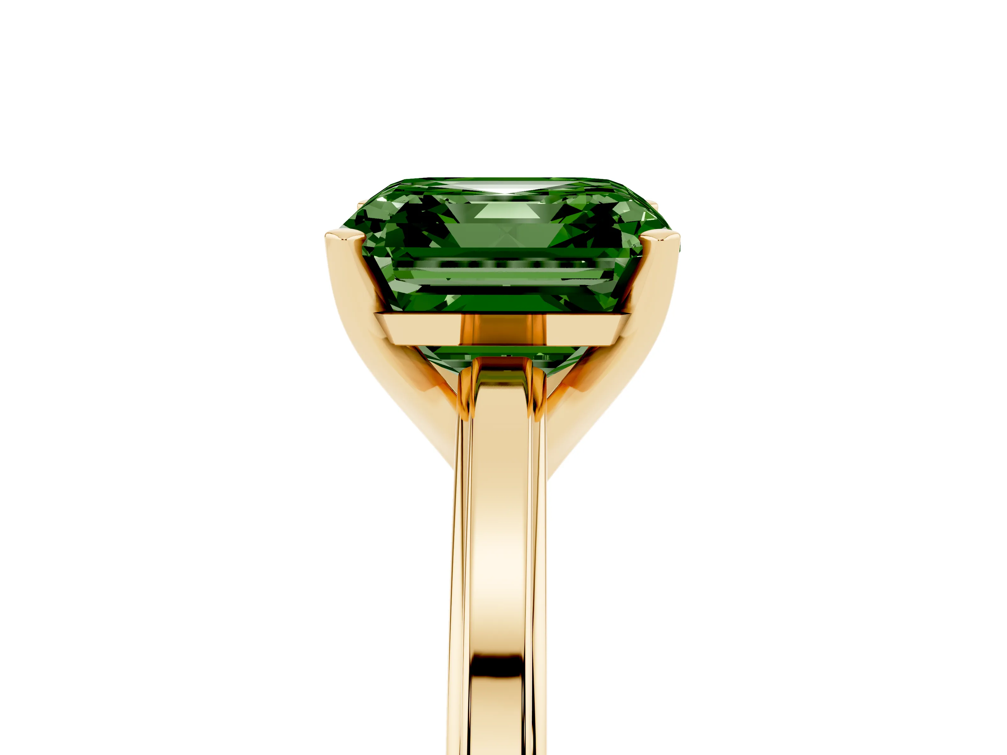 Fancy Green Asscher Cut Diamond Solitaire Ring Set in Yellow gold with Prong Setting and Classic Band