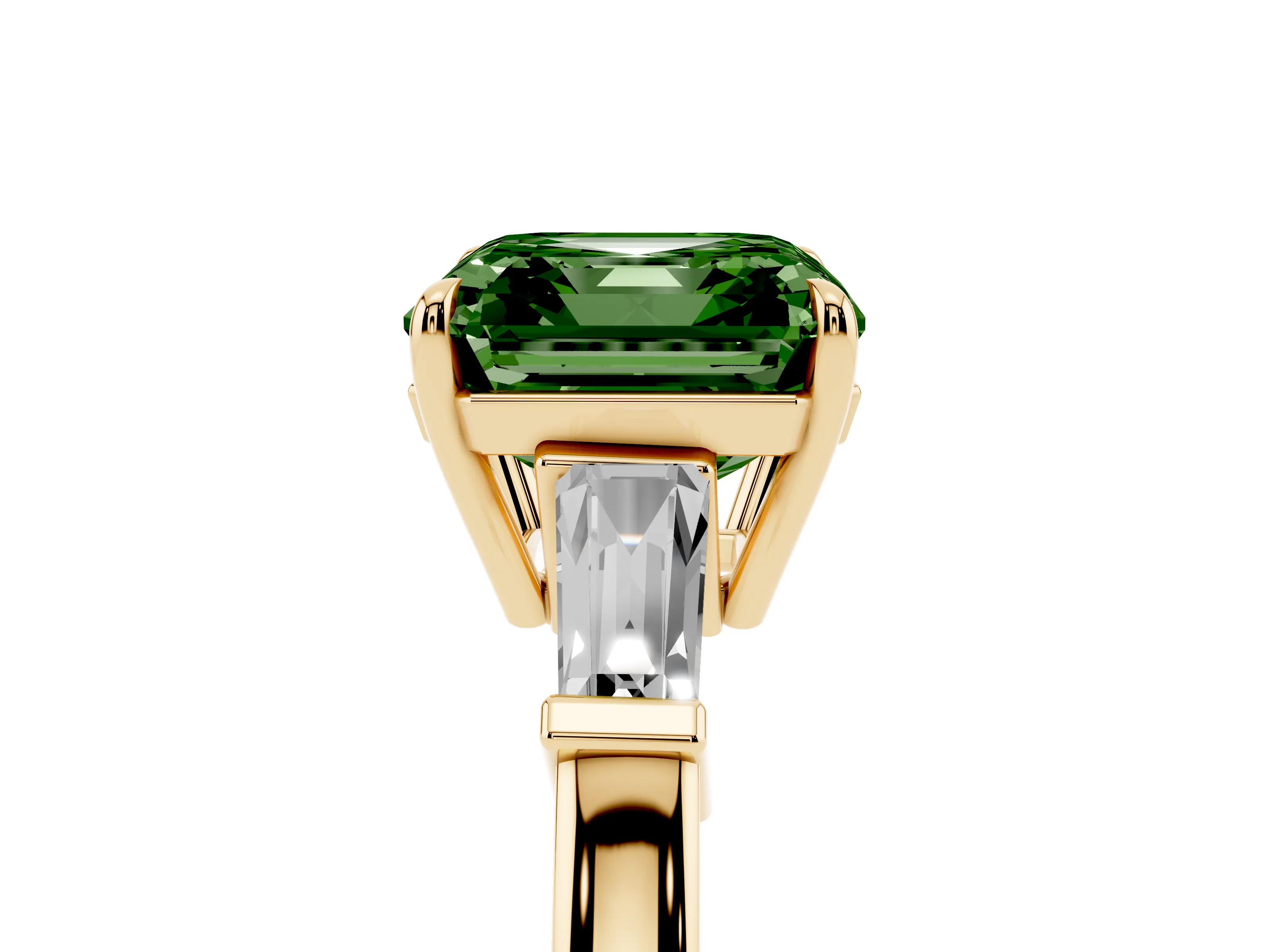 Fancy Green Asscher Cut Diamond Three-Stone Ring Set in Yellow gold with Tapered Baguette Side Stones and Prong Setting