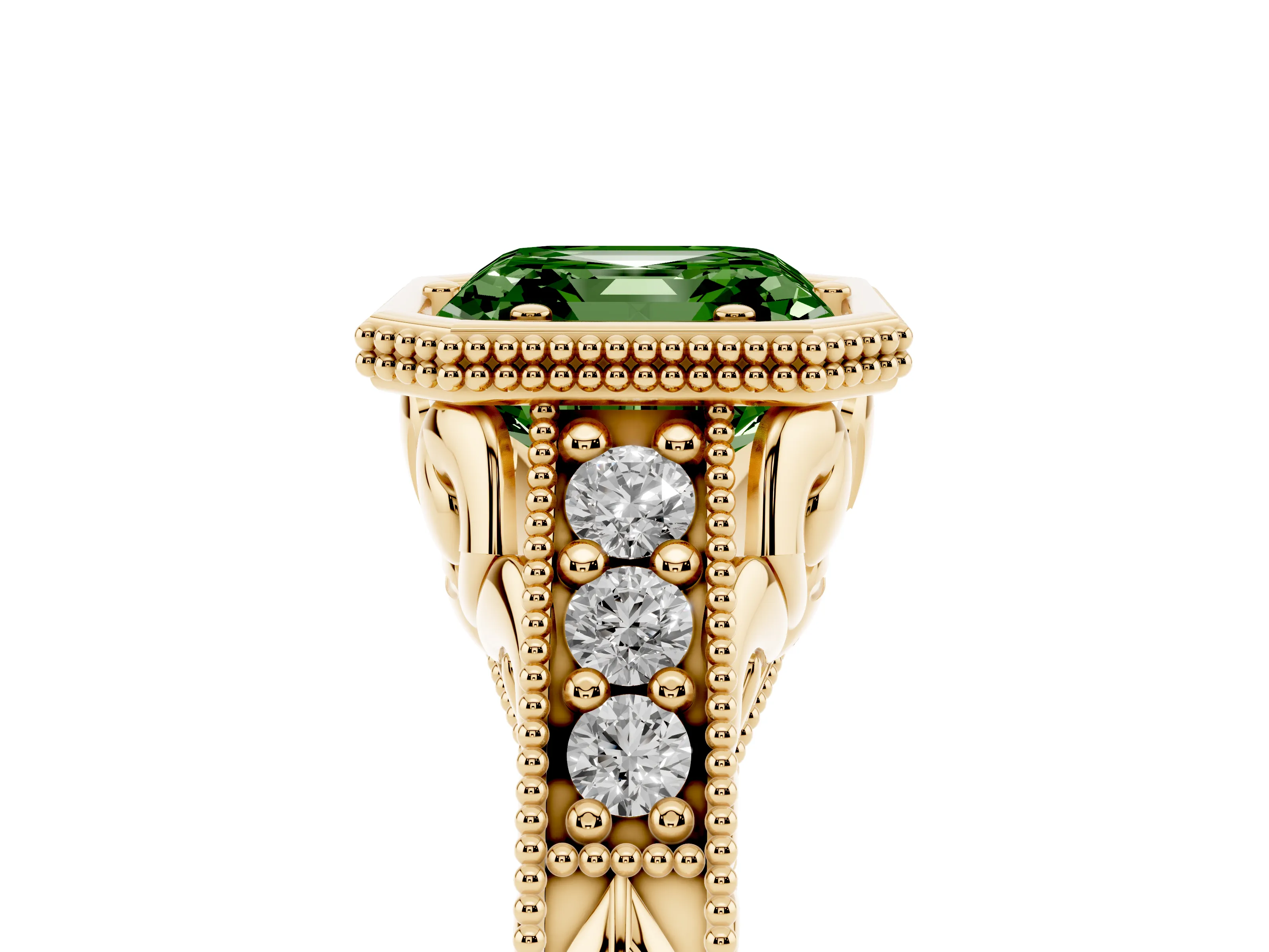 Fancy Green Bezel Set Asscher Cut Diamond Milgrain Pavé Engagement Ring Set in Yellow gold