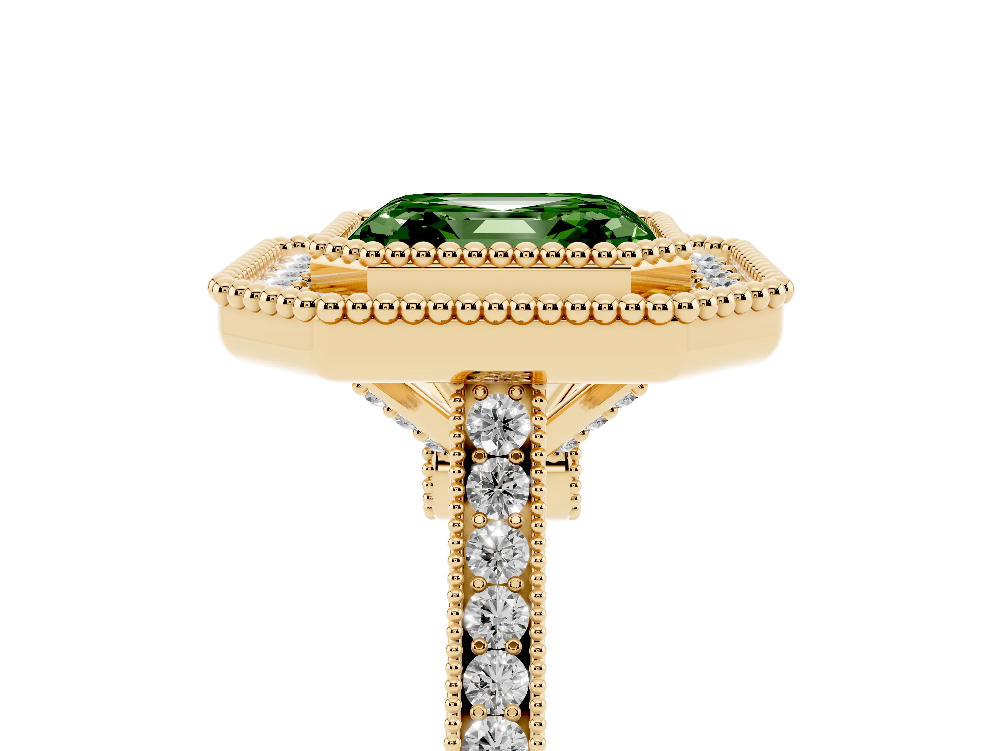 Fancy Green Asscher Cut Diamond Halo Ring Set in Yellow gold with Milgrain Frame and Pavé Band