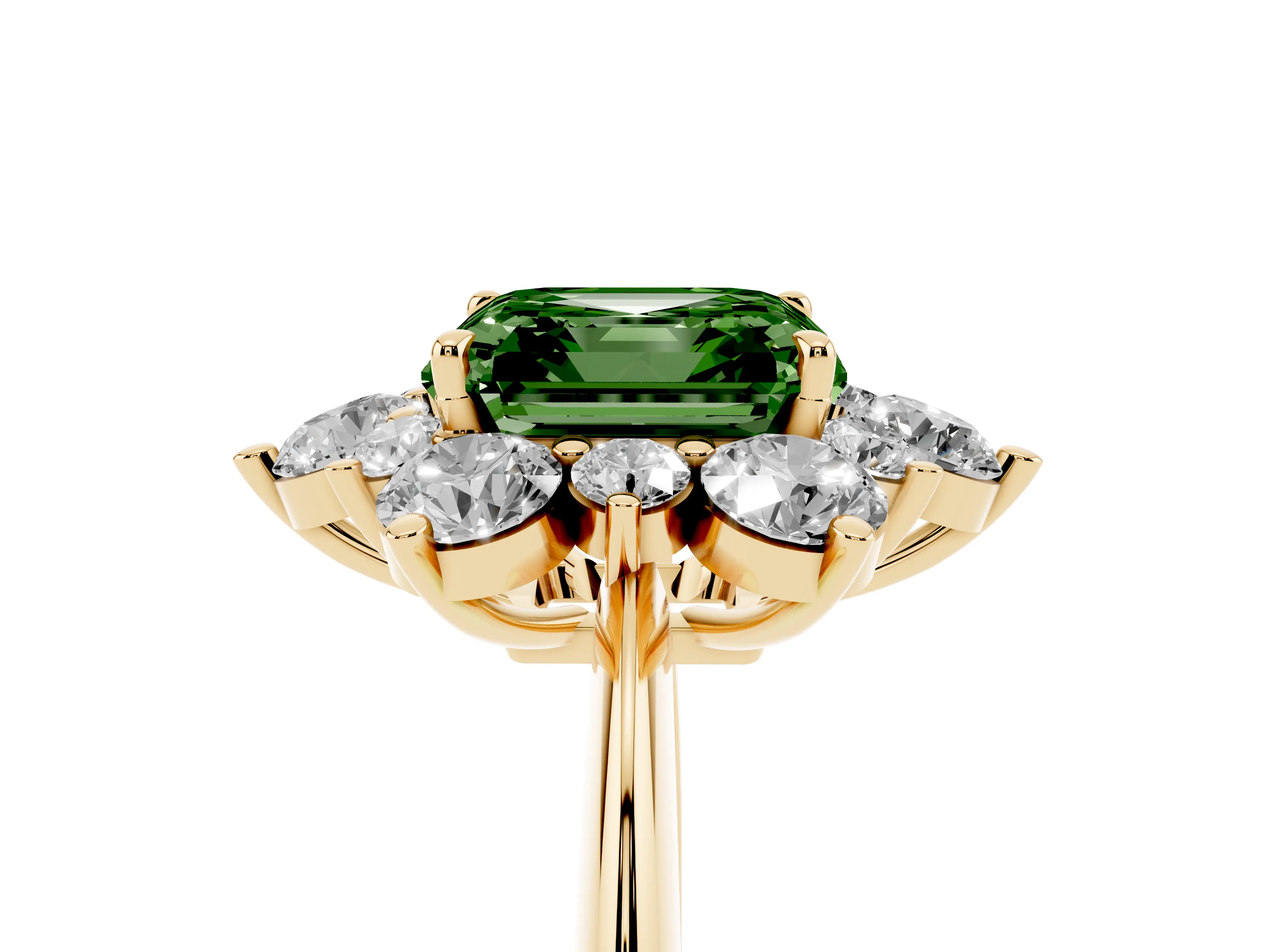 Fancy Green Asscher Cut Diamond Cluster Halo Ring Set in Yellow gold with Solitaire Band and Prong Setting