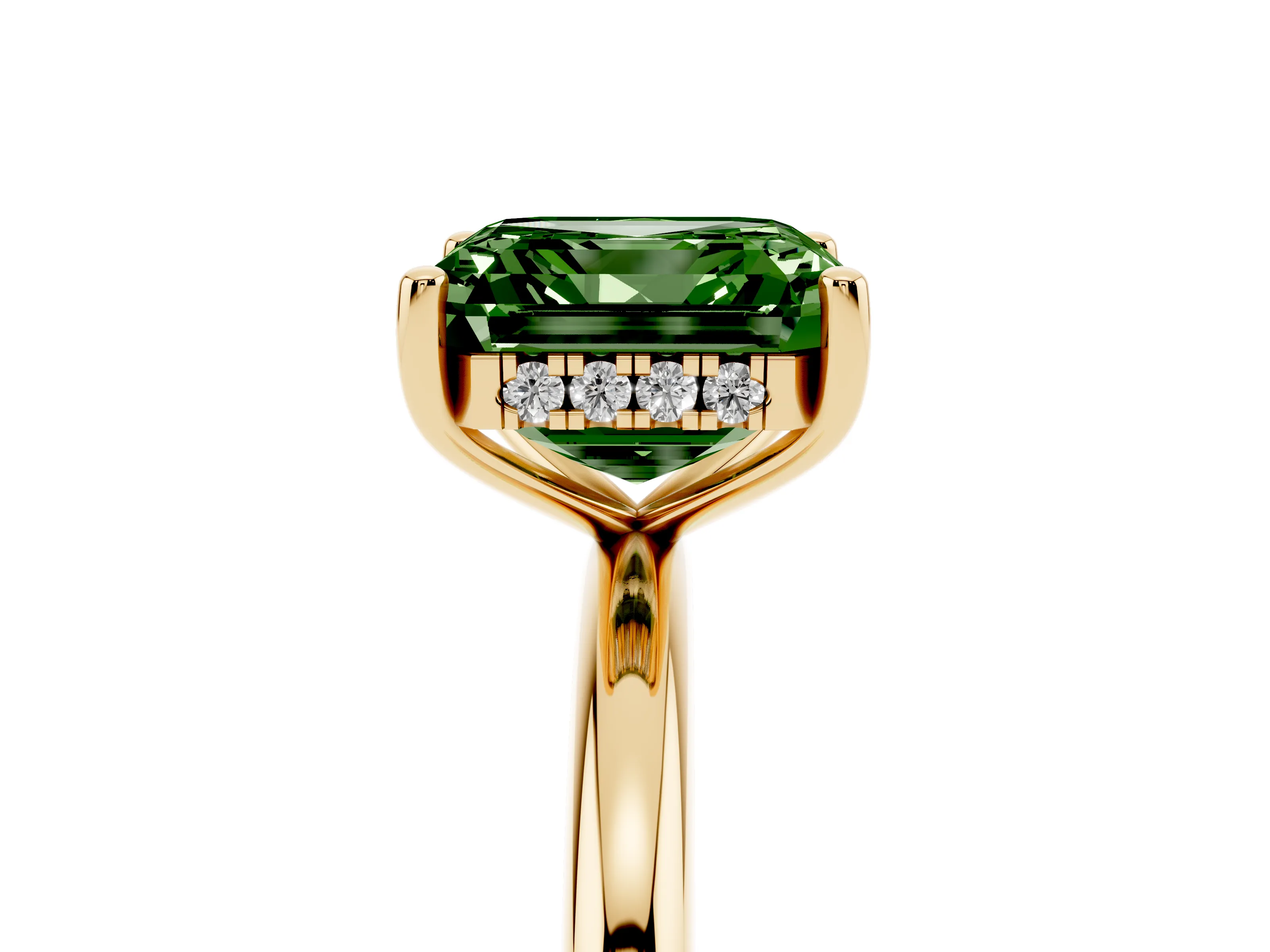 Fancy Green Asscher Cut Diamond Solitaire Engagement Ring Set in Yellow gold with Prong Setting and Polished Band