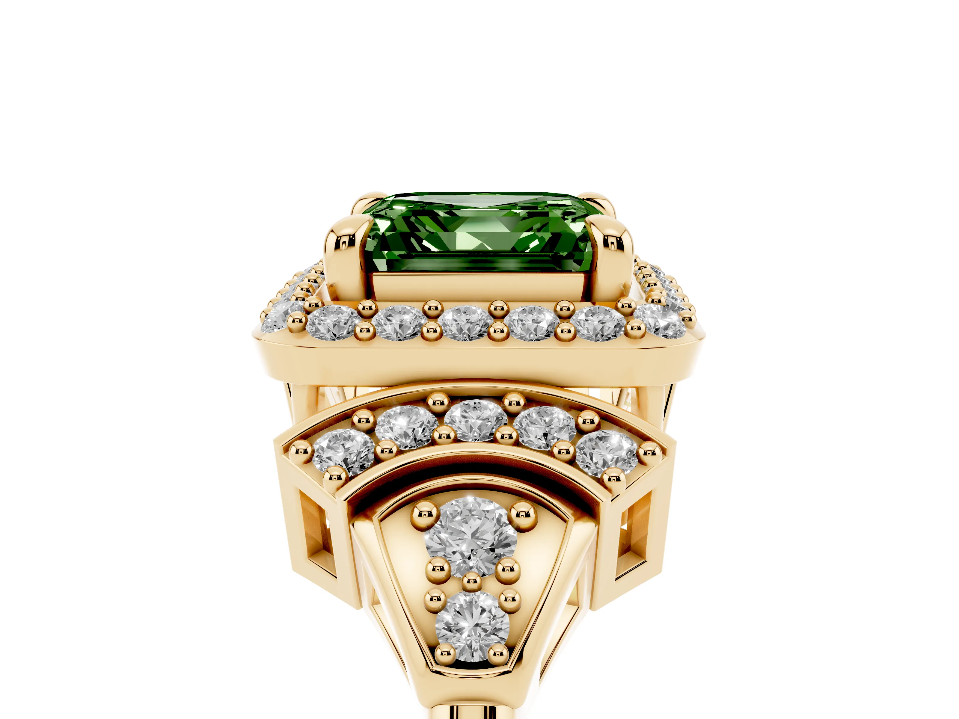 Fancy Green Asscher Cut Diamond Halo Engagement Ring Set in Yellow gold with Accent Stone Split Shank