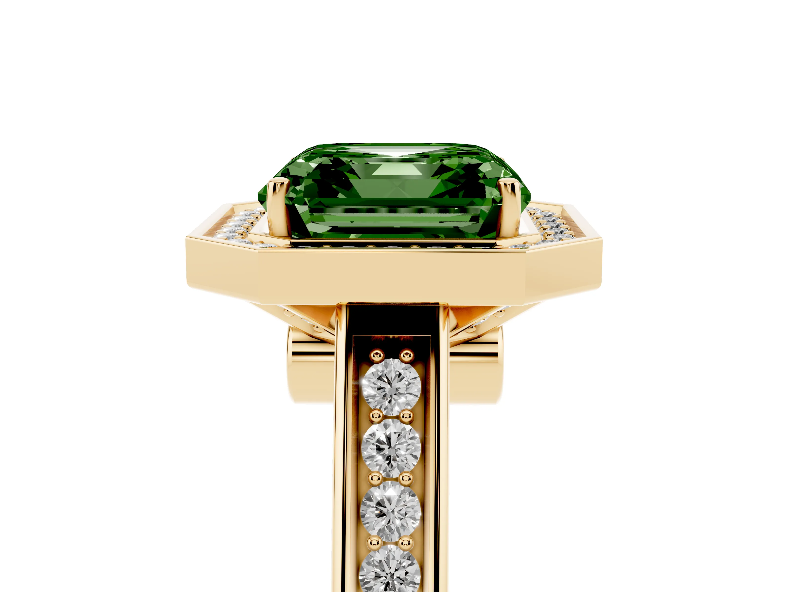 Fancy Green Asscher Cut Diamond Halo Solitaire Ring Set in Yellow gold with Pavé Band and Bezel Setting