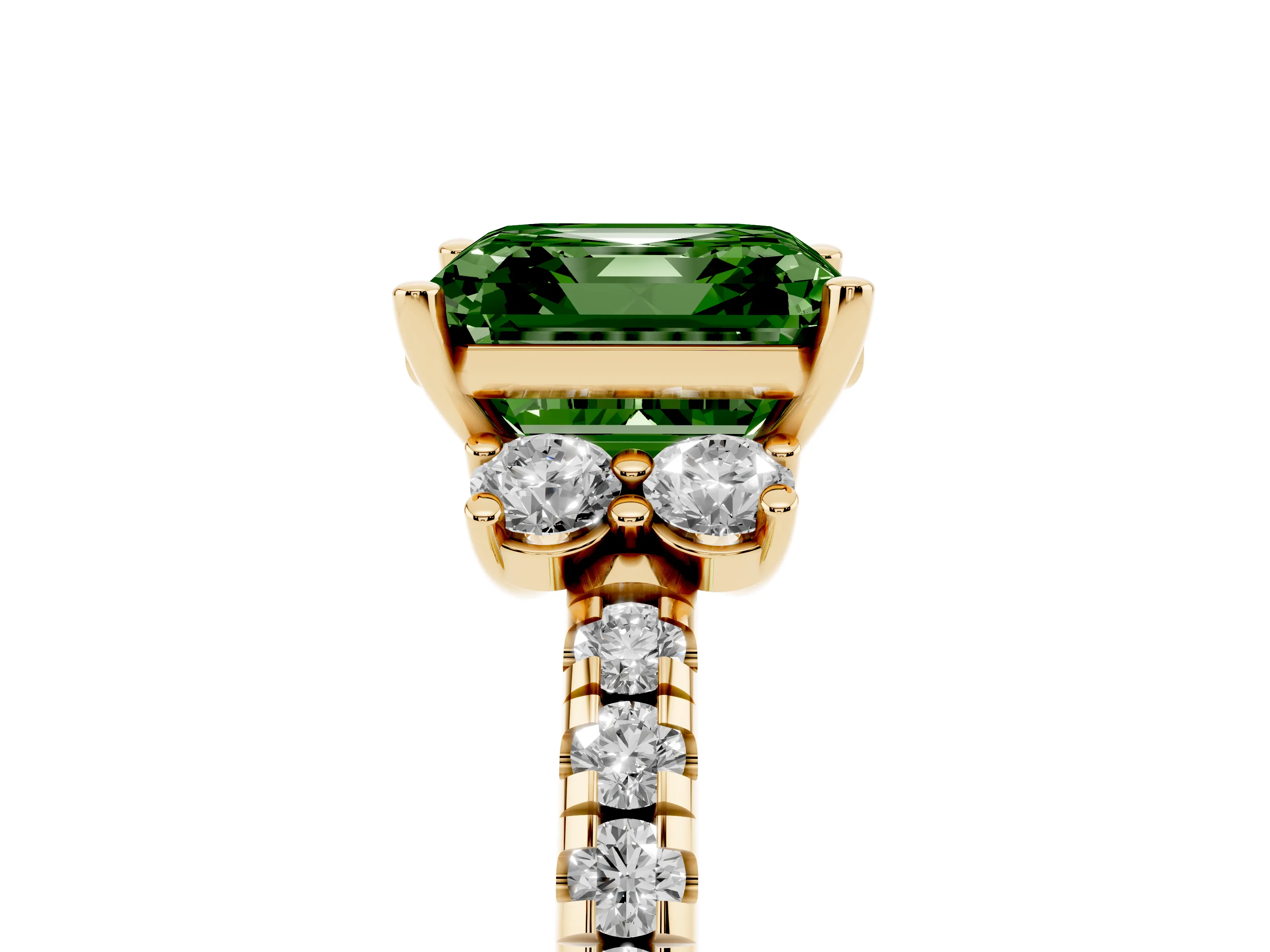 Fancy Green Asscher Cut Diamond Three-Stone Pavé Ring Set in Yellow gold with Prong Setting