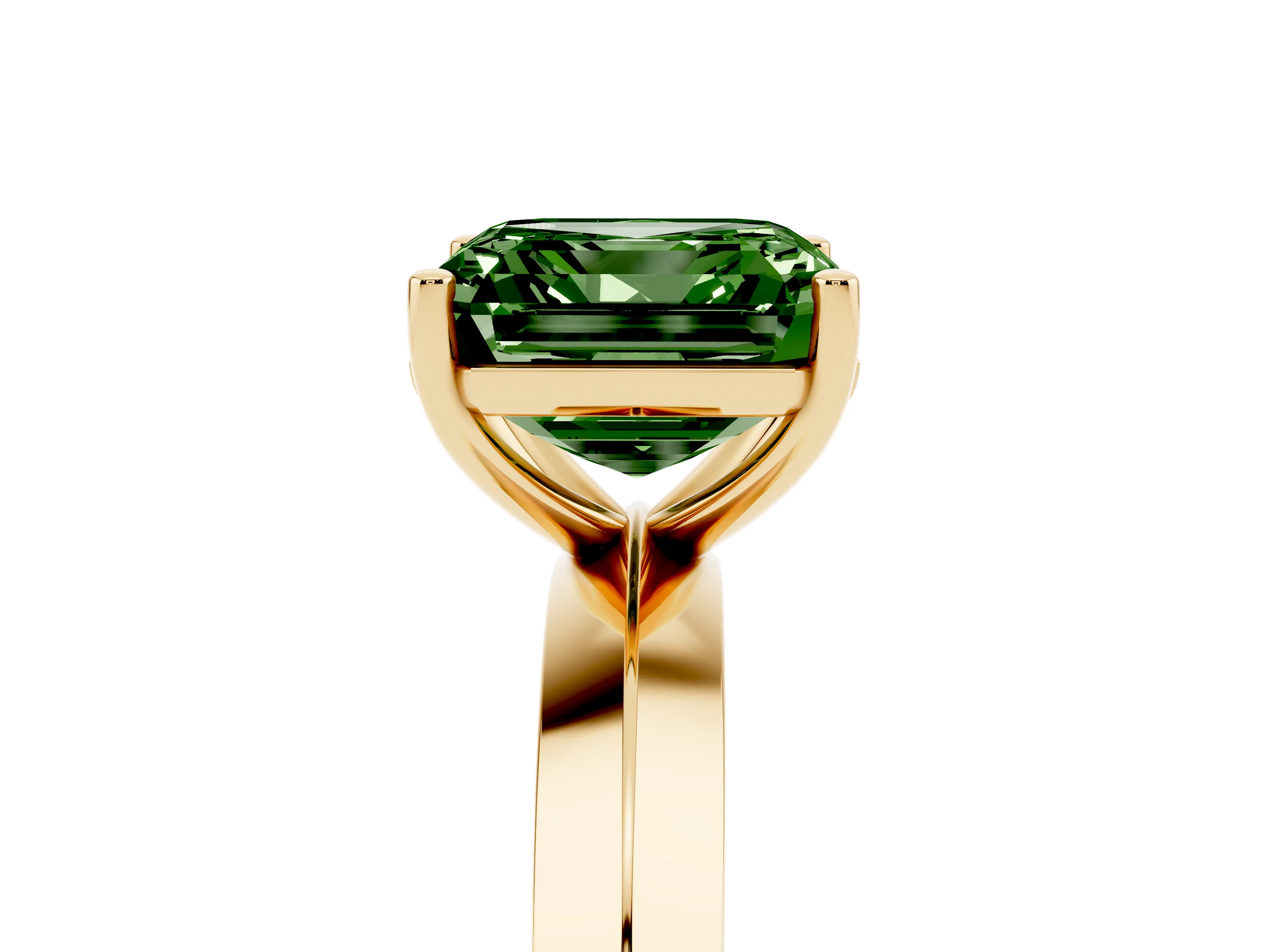 Fancy Green Asscher Cut Diamond Solitaire Engagement Ring Set in Yellow gold with Flat Band and Prong Setting