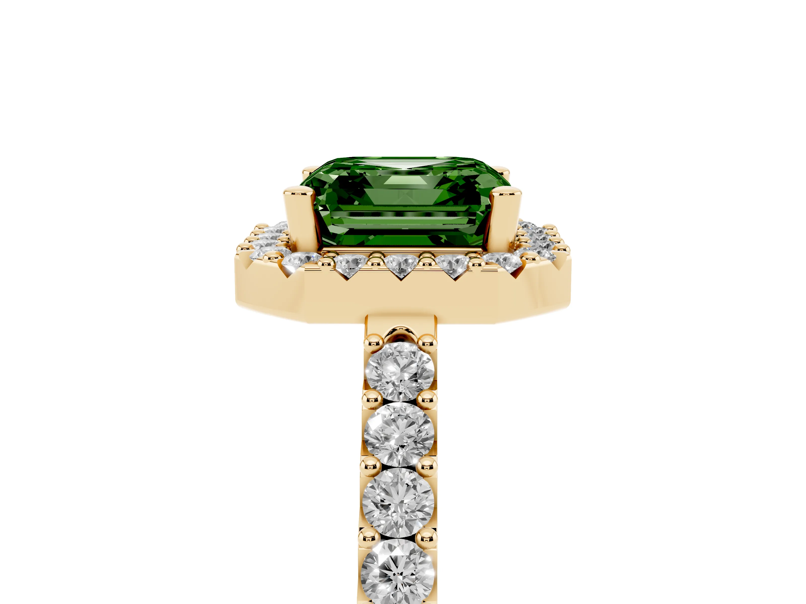 Fancy Green Asscher Cut Diamond Halo Pavé Solitaire Ring Set in Yellow gold with Prong-Set Center Stone