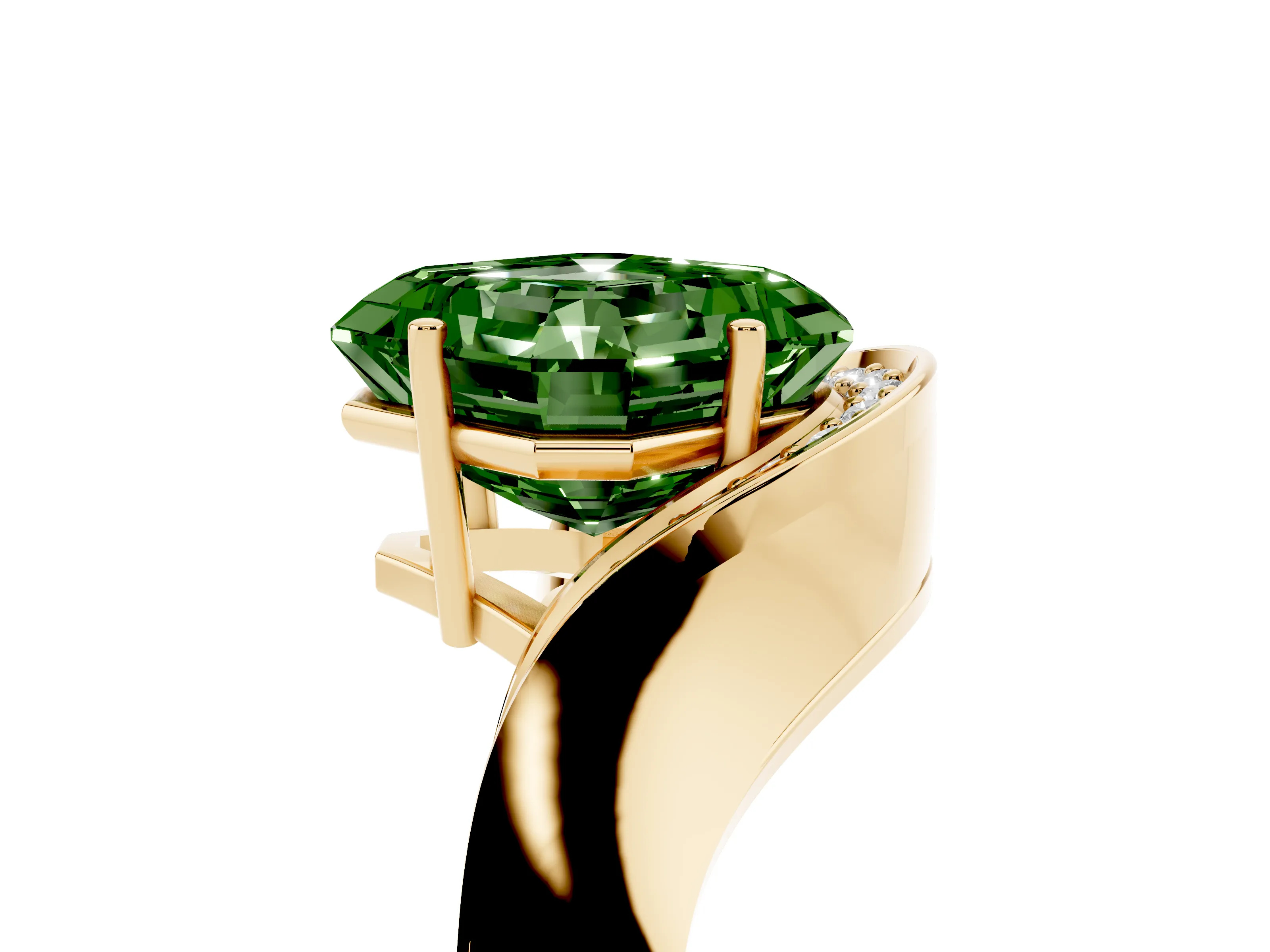 Fancy Green Asscher Cut Diamond Solitaire Engagement Ring Set in Yellow gold with Pavé Shoulders