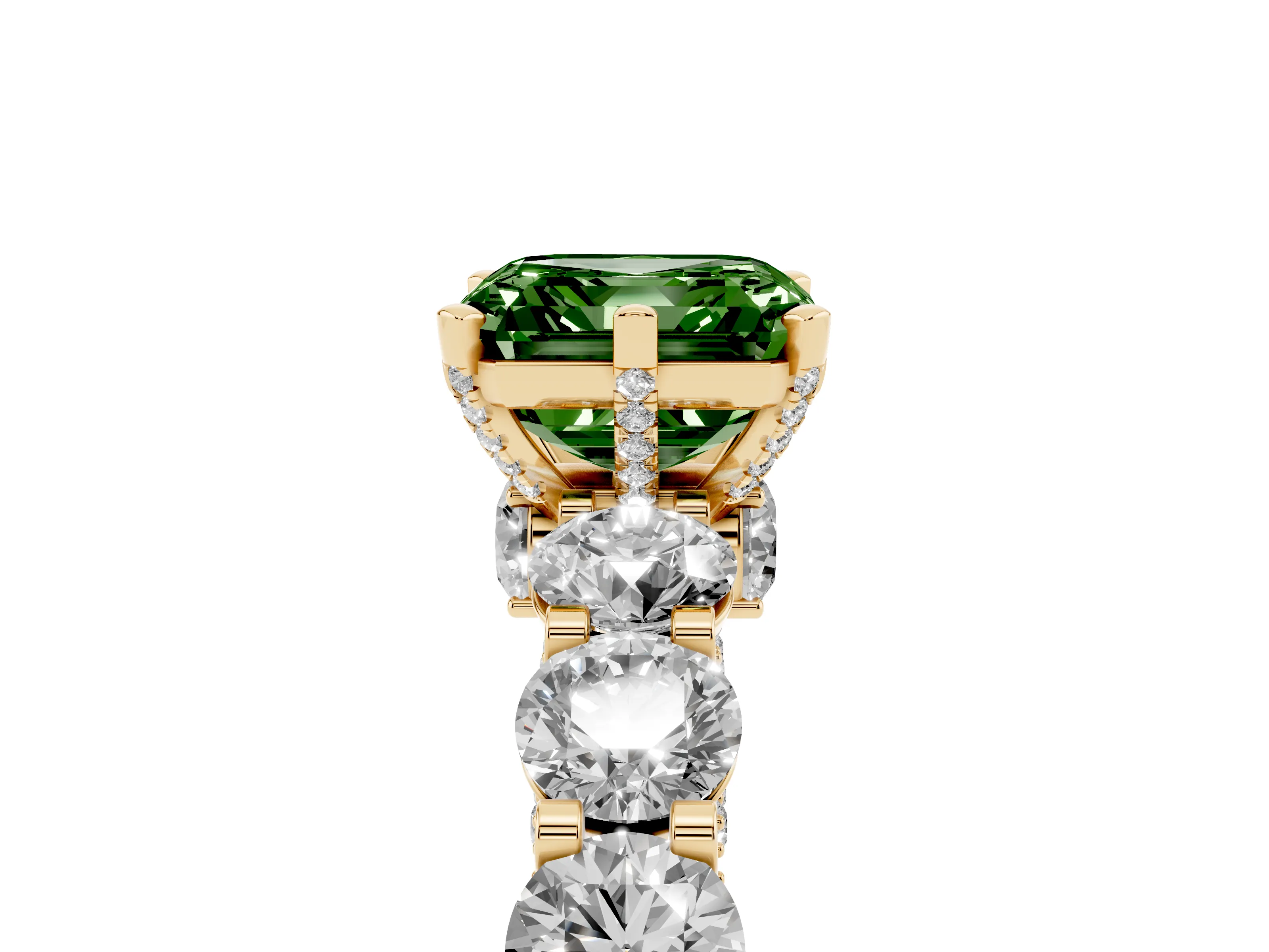Fancy Green Asscher Cut Diamond Side Stone Ring Set in Yellow gold with Alternating Round and Oval Side Stones