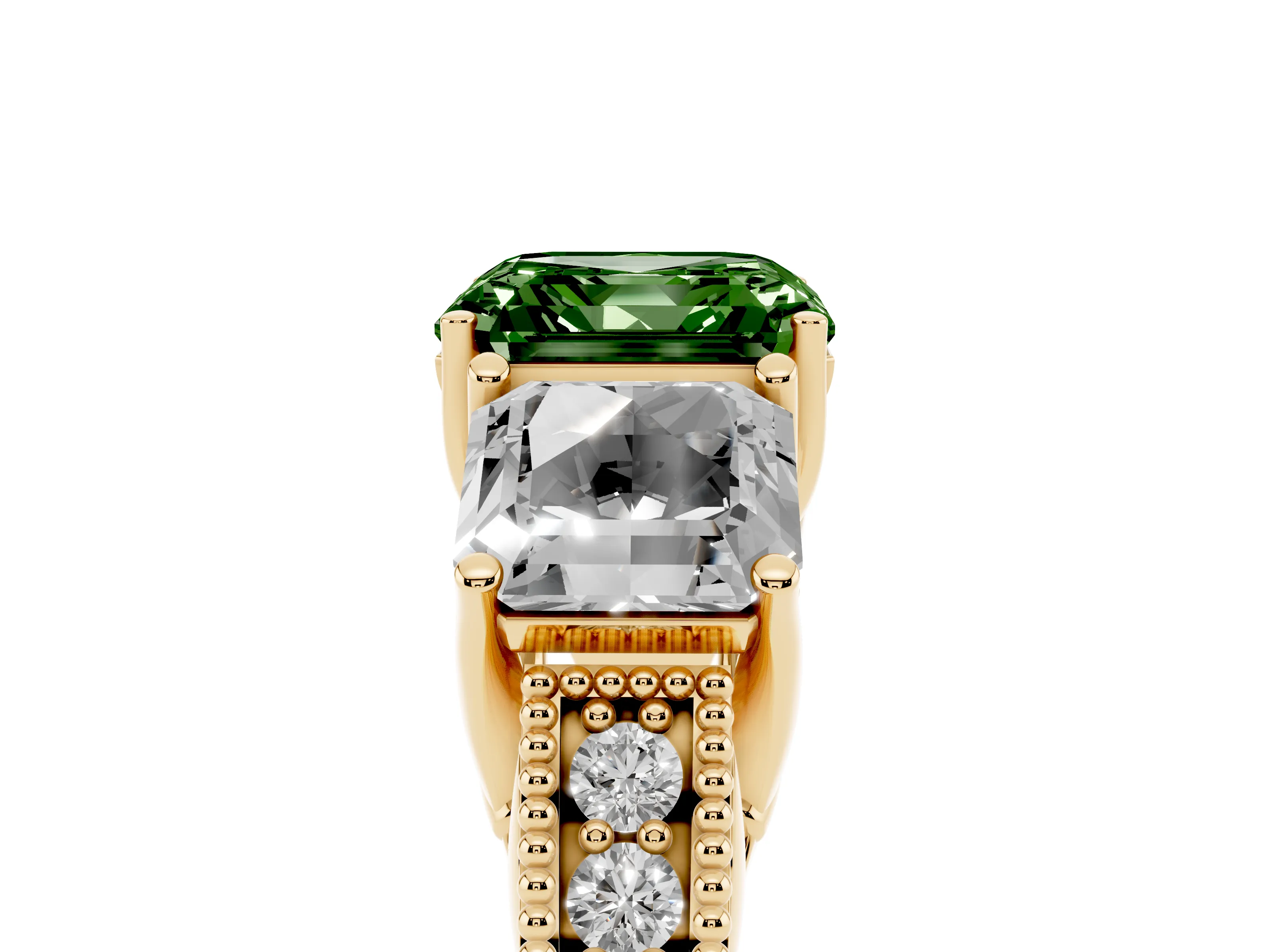 Fancy Green Asscher Cut Diamond Three-Stone Engagement Ring Set in Yellow gold with Milgrain Pavé Band
