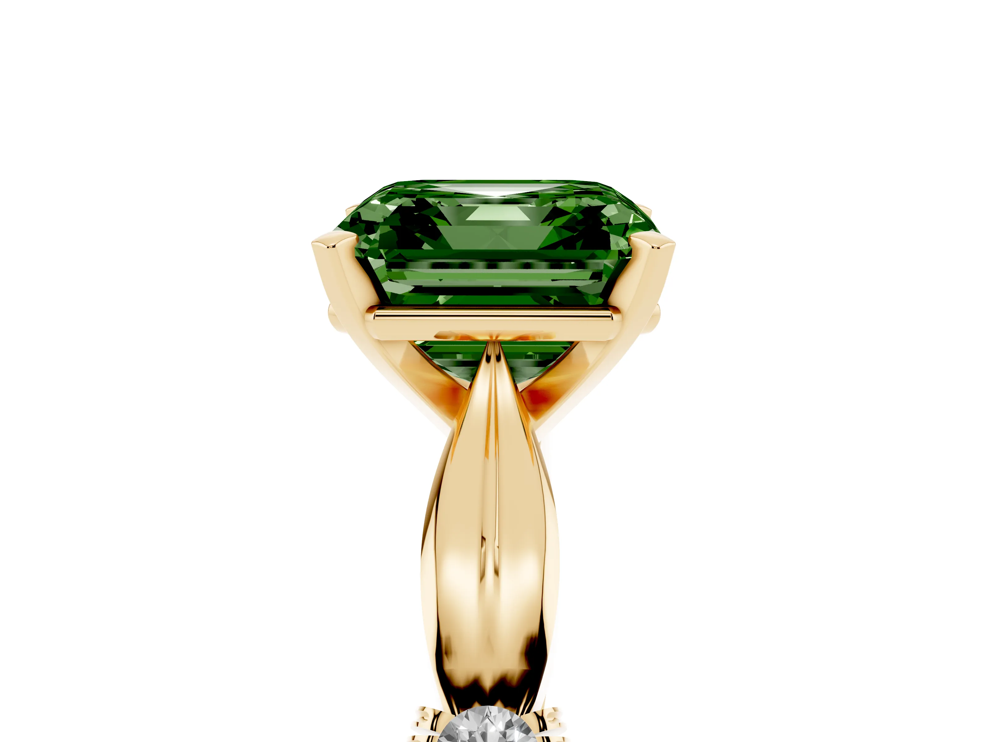 Fancy Green Asscher Cut Diamond Solitaire Twisted Band Ring Set in Yellow gold with Accent Stones and Prong Setting