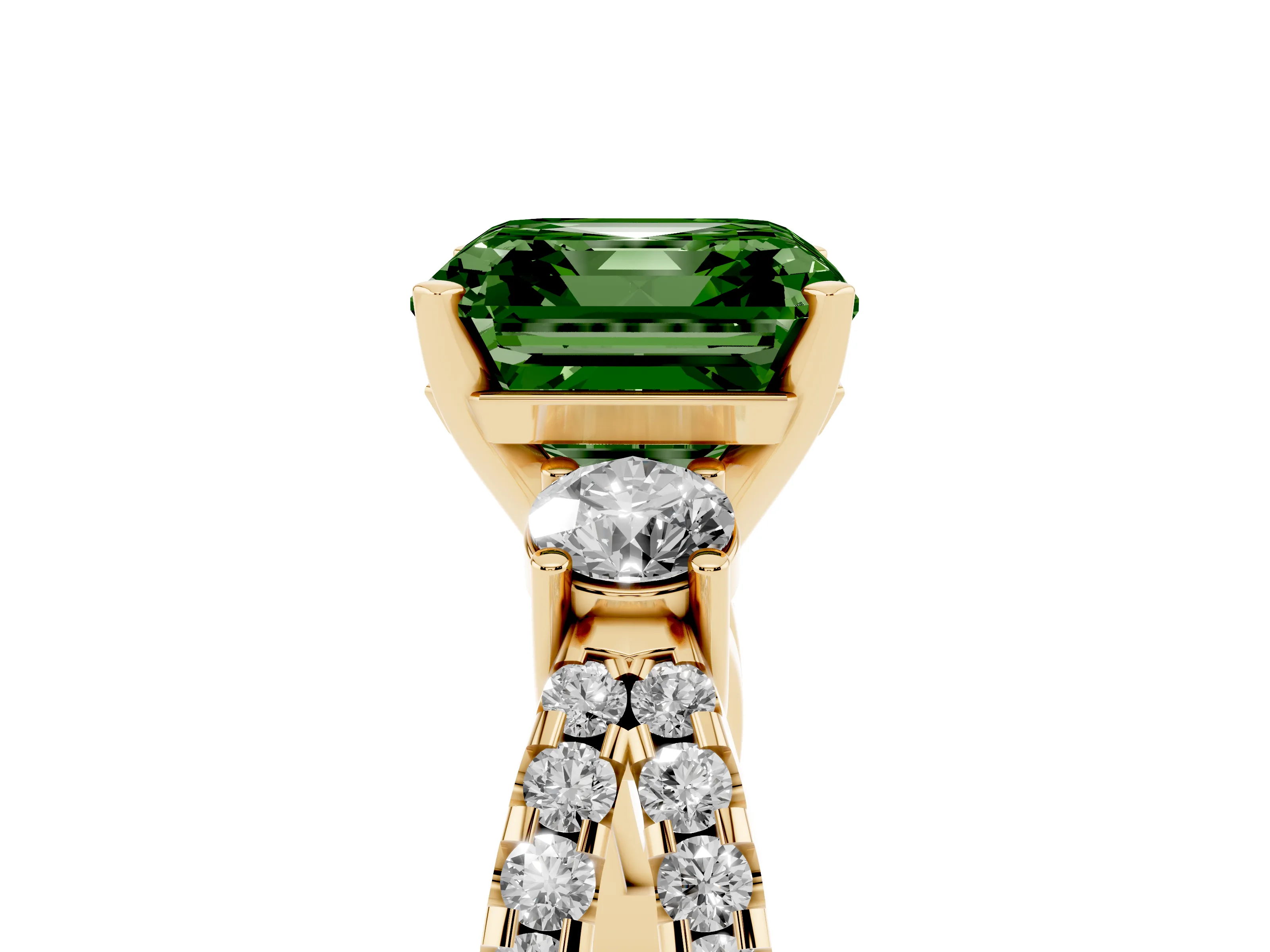 Fancy Green Asscher Cut Diamond Three-Stone Ring Set in Yellow gold with Pavé Split Shank and Prong Setting