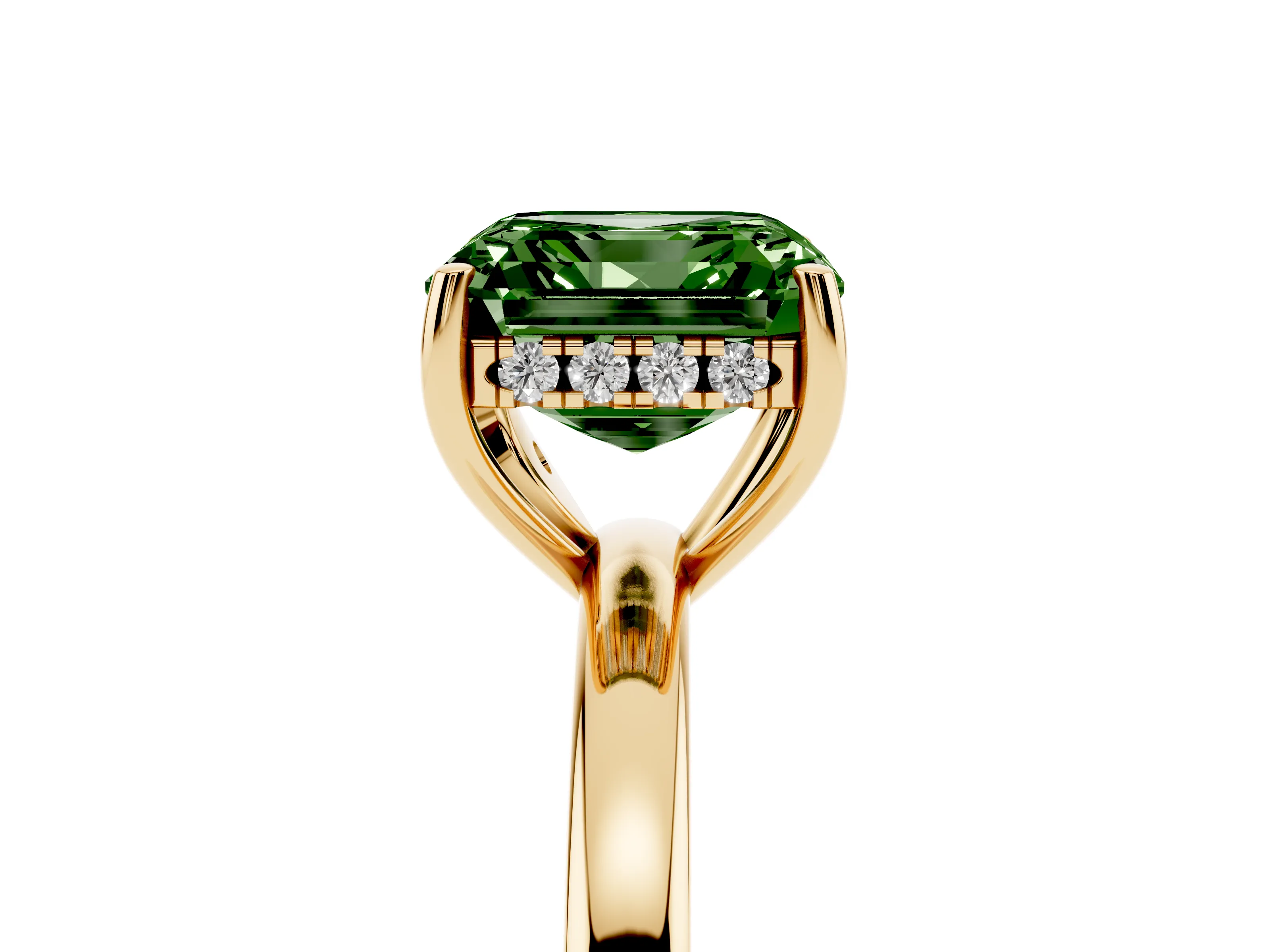 Fancy Green Asscher Cut Diamond Solitaire Ring Set in Yellow gold with Plain Band and Prong Setting