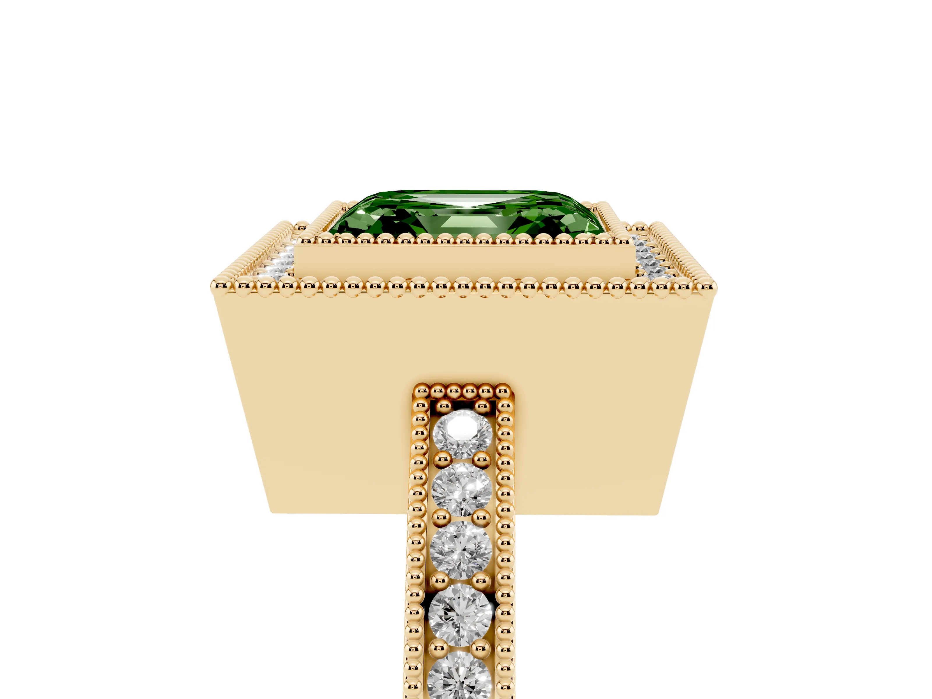 Fancy Green Asscher Cut Diamond Round Halo Ring Set in Yellow gold with Pavé Band
