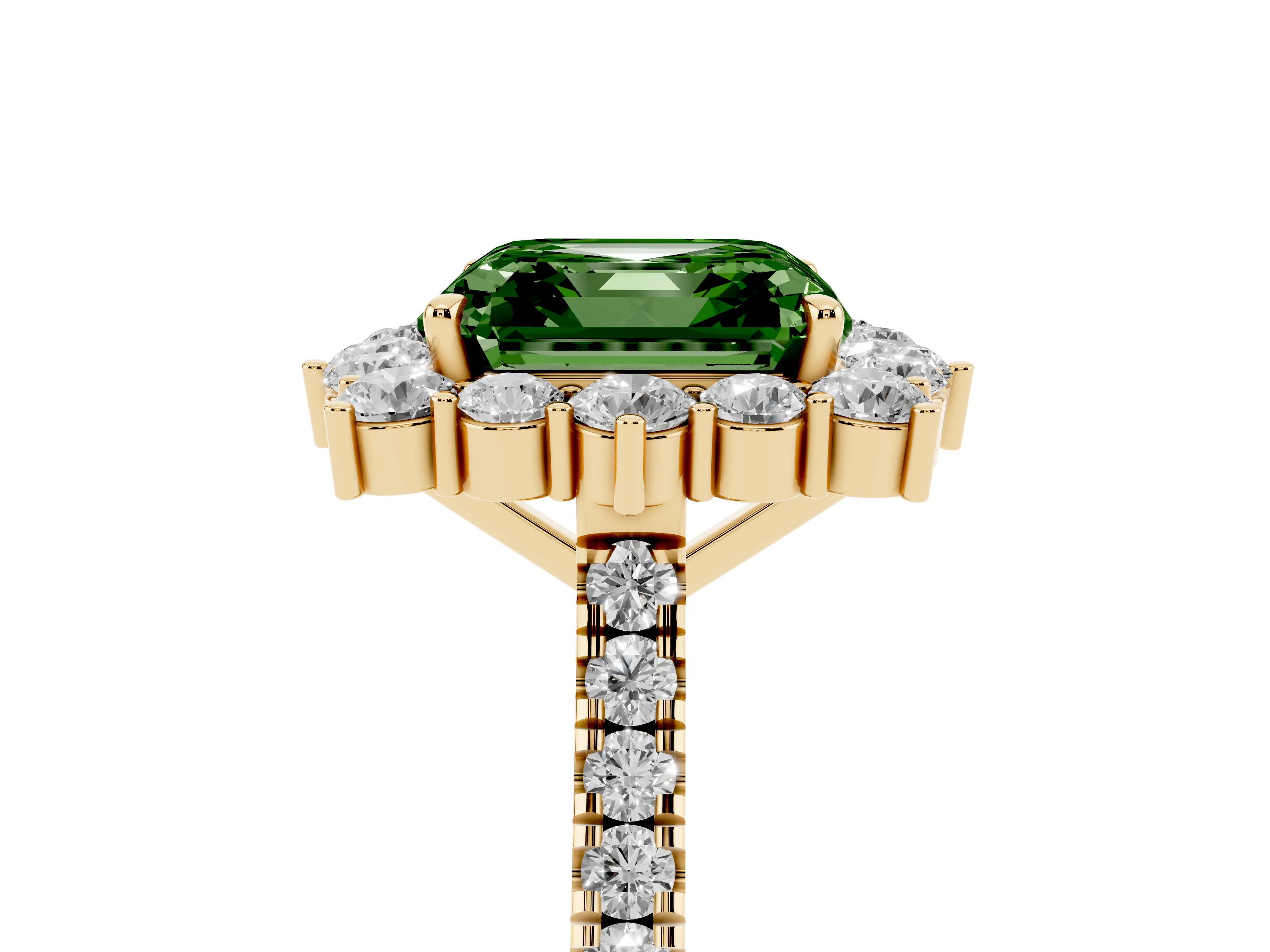Fancy Green Asscher Cut Diamond Halo Ring Set in Yellow gold with Pavé Band and Prong Setting
