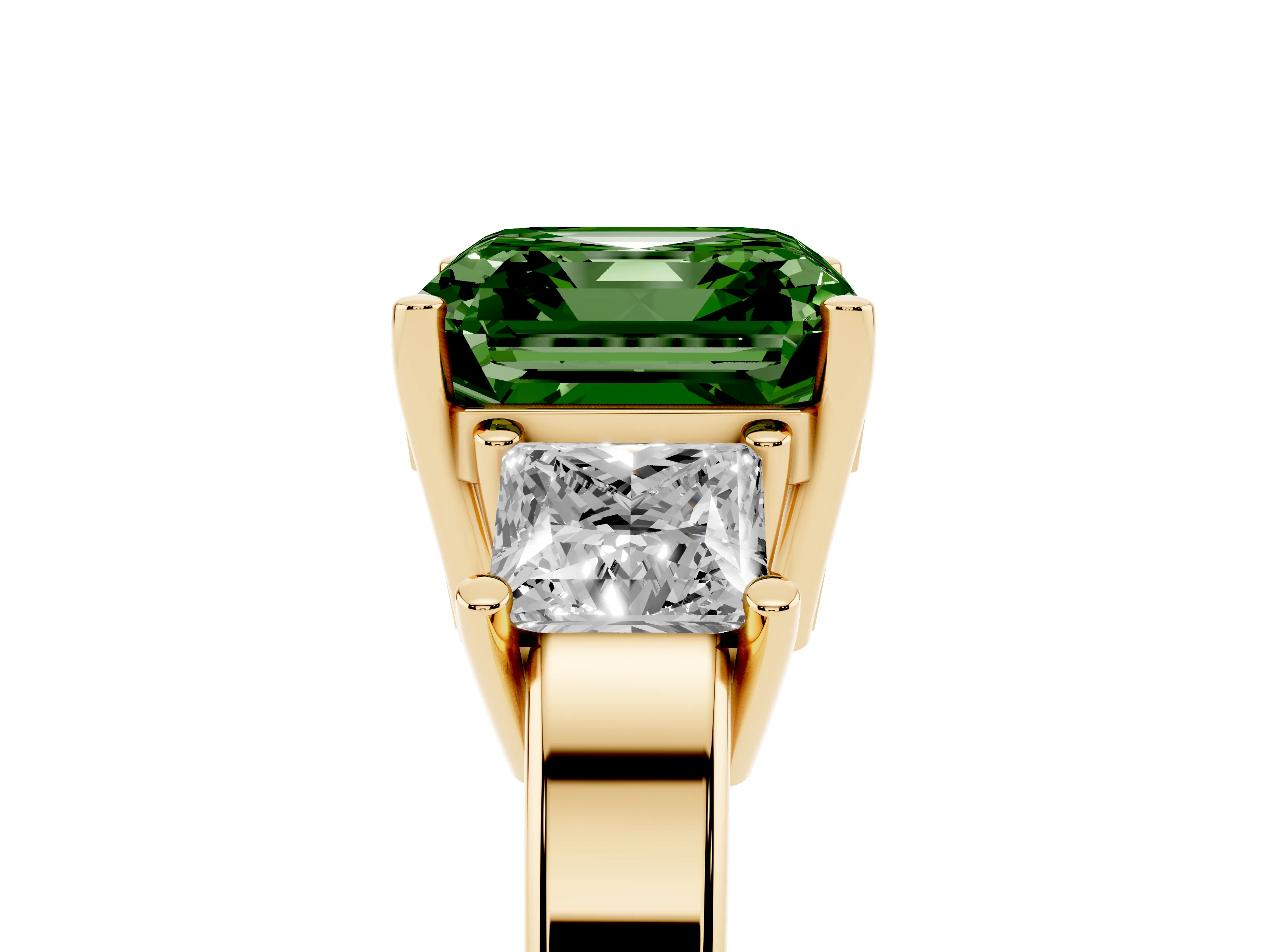 Fancy Green Three-Stone Asscher Cut Diamond Solitaire Ring Set in Yellow gold with Prong Setting