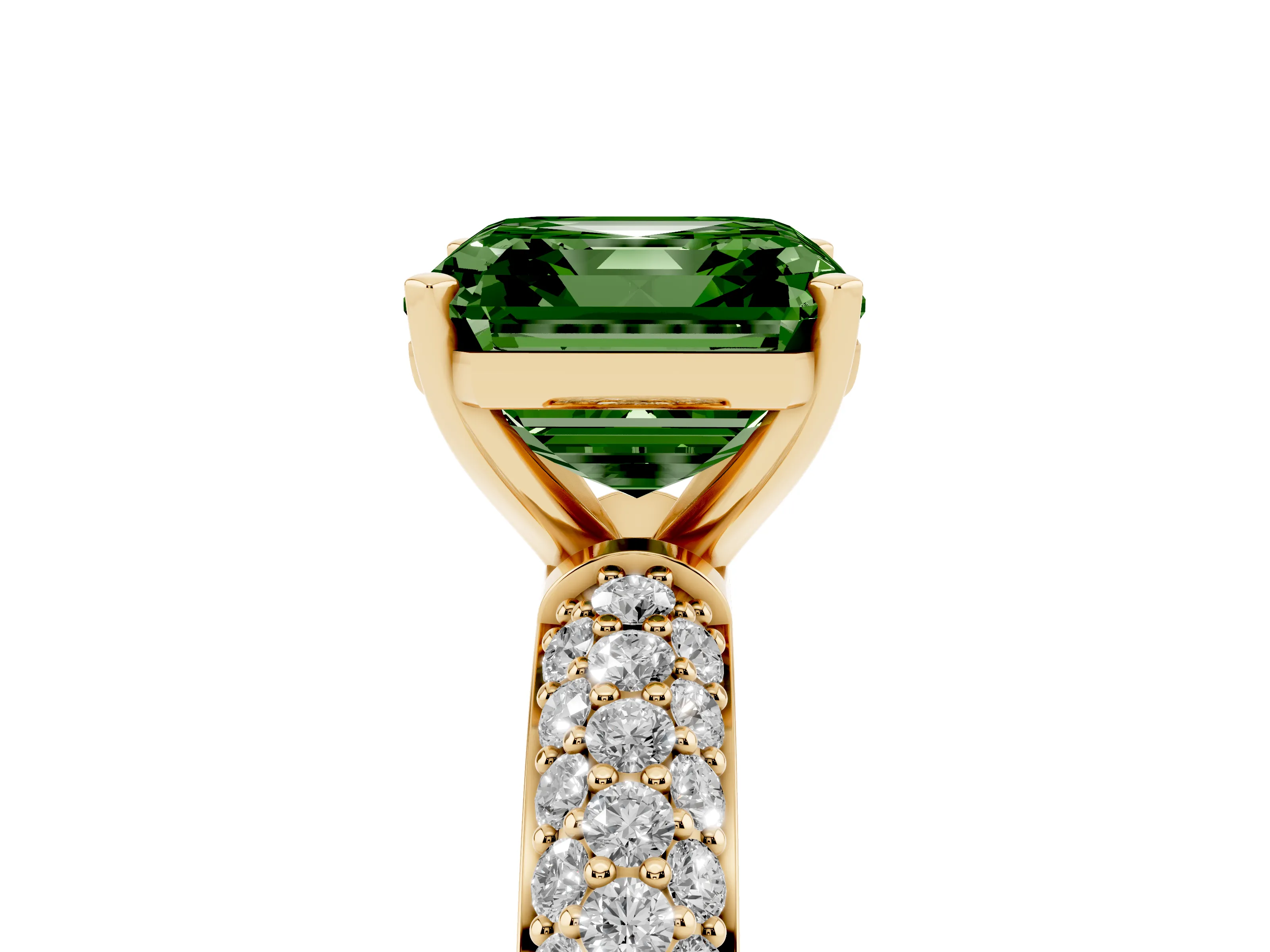 Fancy Green Asscher Cut Diamond Solitaire Ring Set in Yellow gold with Prong Setting and Pavé-Set Band