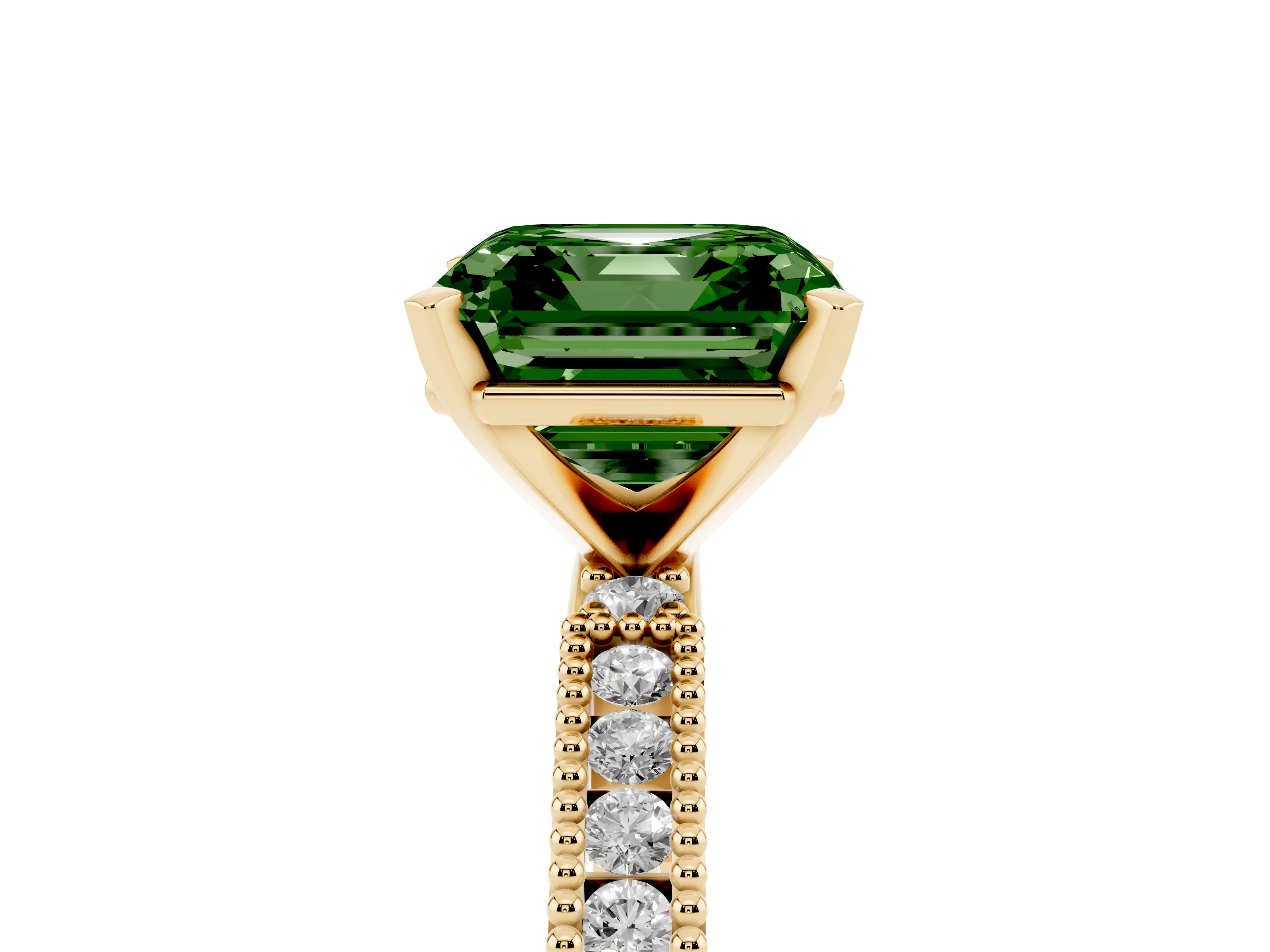 Fancy Green Asscher Cut Diamond Solitaire Ring Set in Yellow gold with Slim Pavé Band and Prong Setting