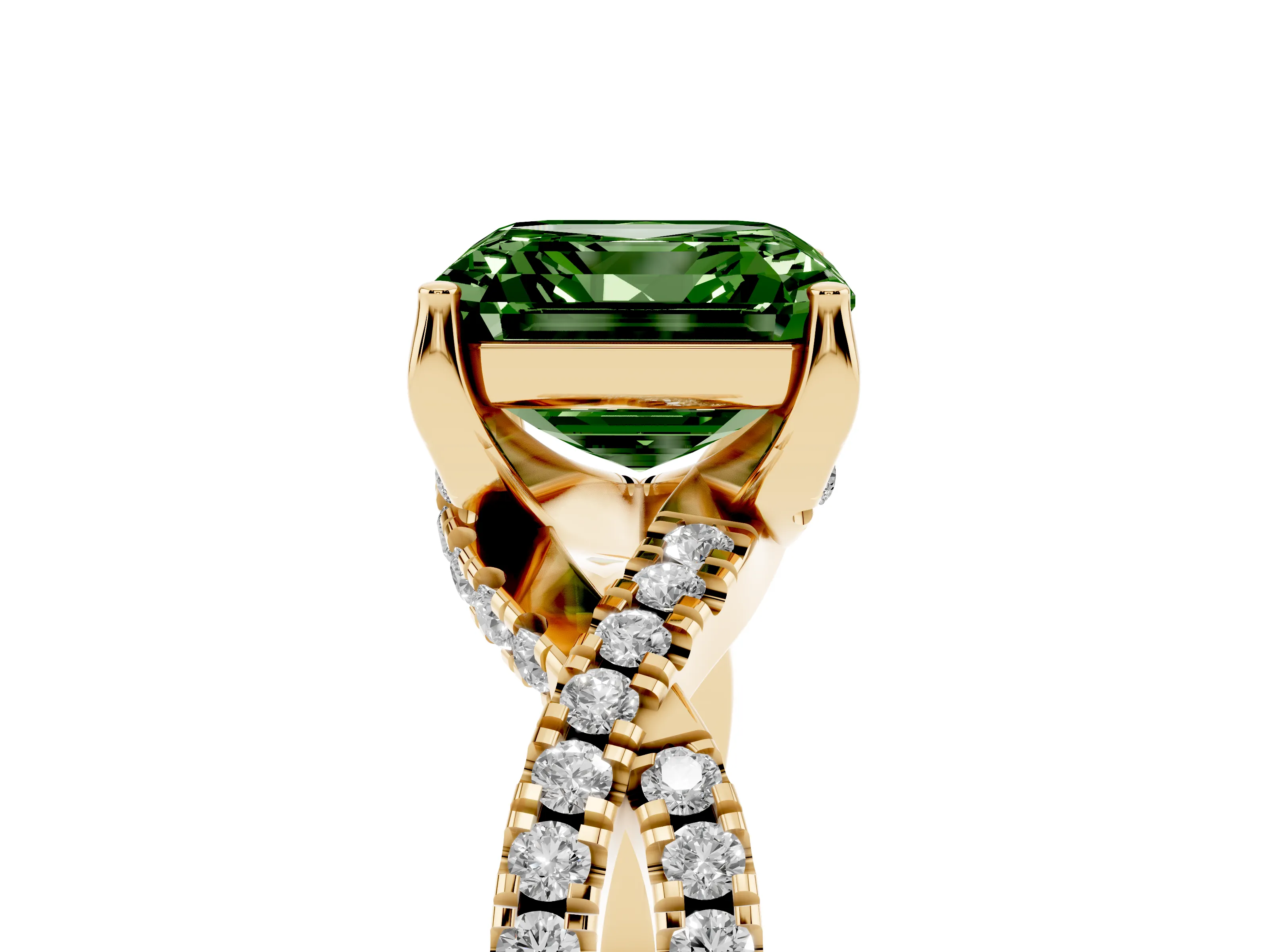 Fancy Green Asscher Cut Diamond Twist Pavé Solitaire Engagement Ring Set in Yellow gold with Prong Setting