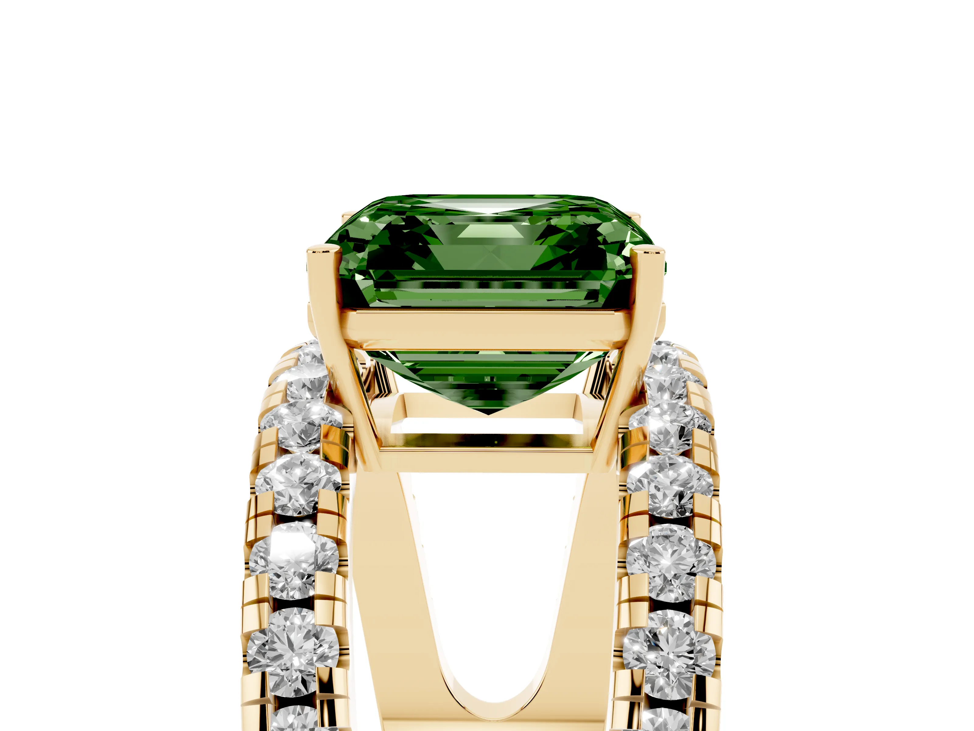 Fancy Green Asscher Cut Diamond Split Shank Pavé Solitaire Ring Set in Yellow gold with Open Shank Design