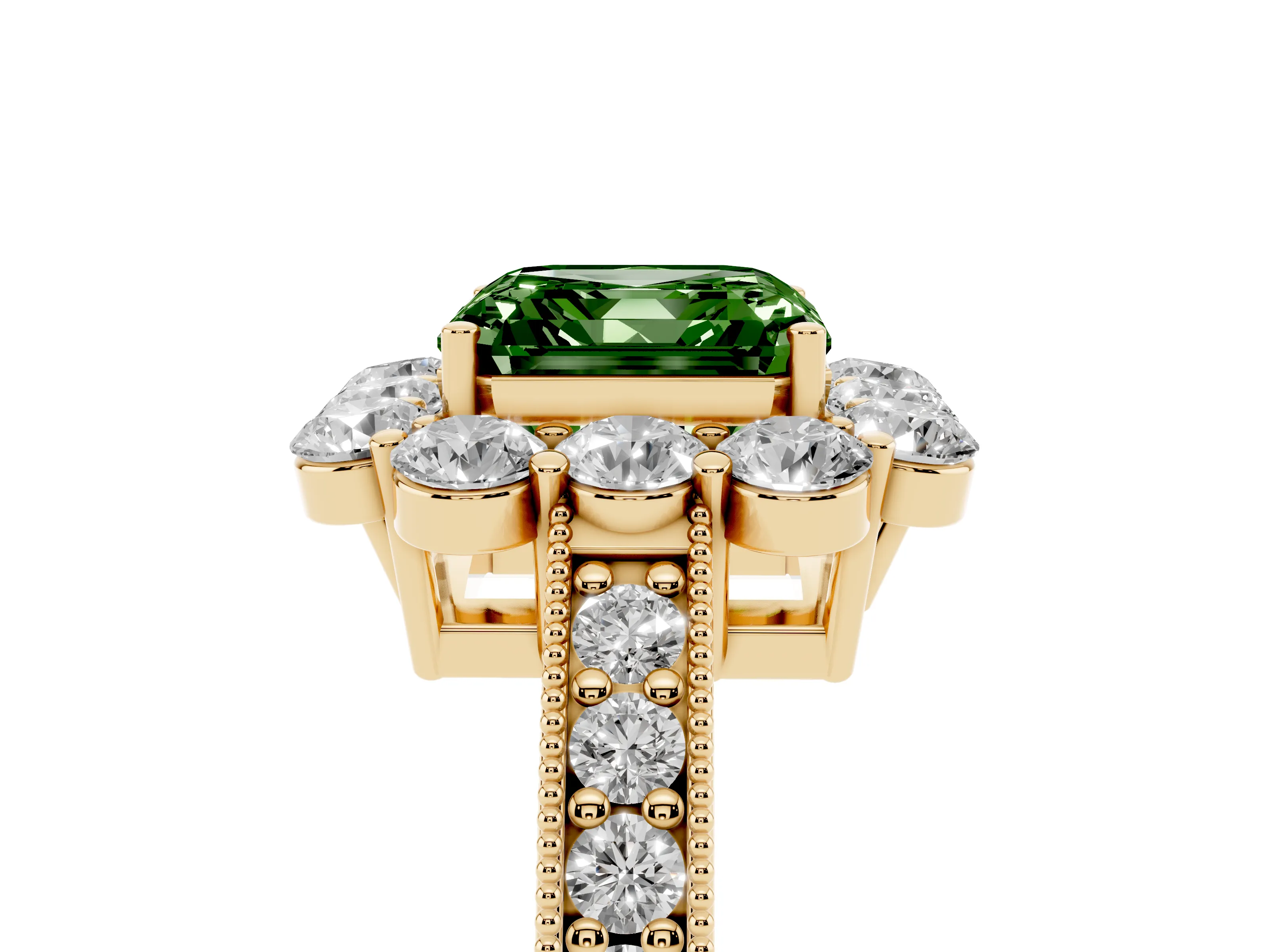Fancy Green Asscher Cut Diamond Halo Pavé Engagement Ring Set in Yellow gold with Milgrain Detailing