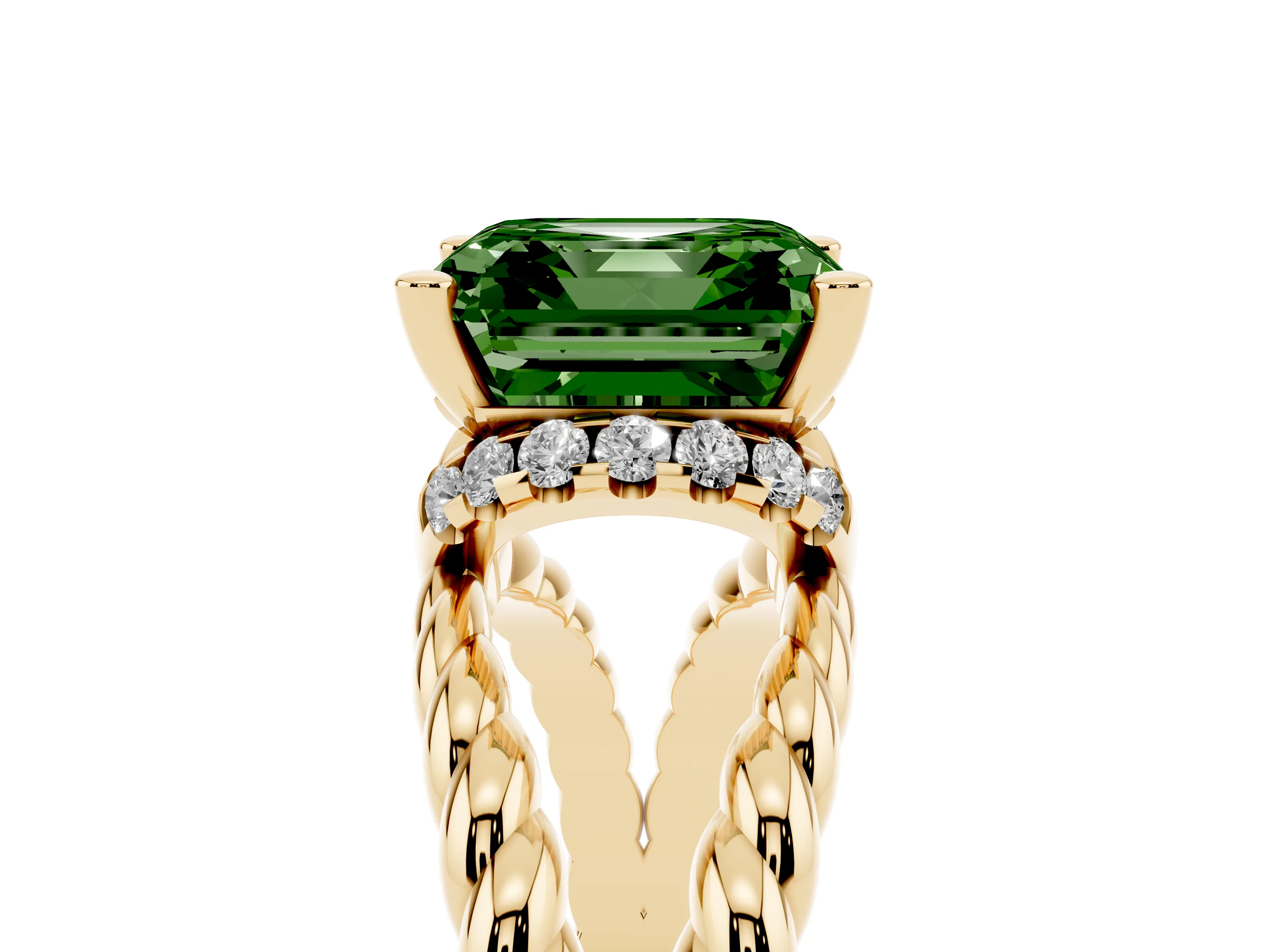 Fancy Green Asscher Cut Diamond Halo Ring Set in Yellow gold with Twisted Band and Prong Setting