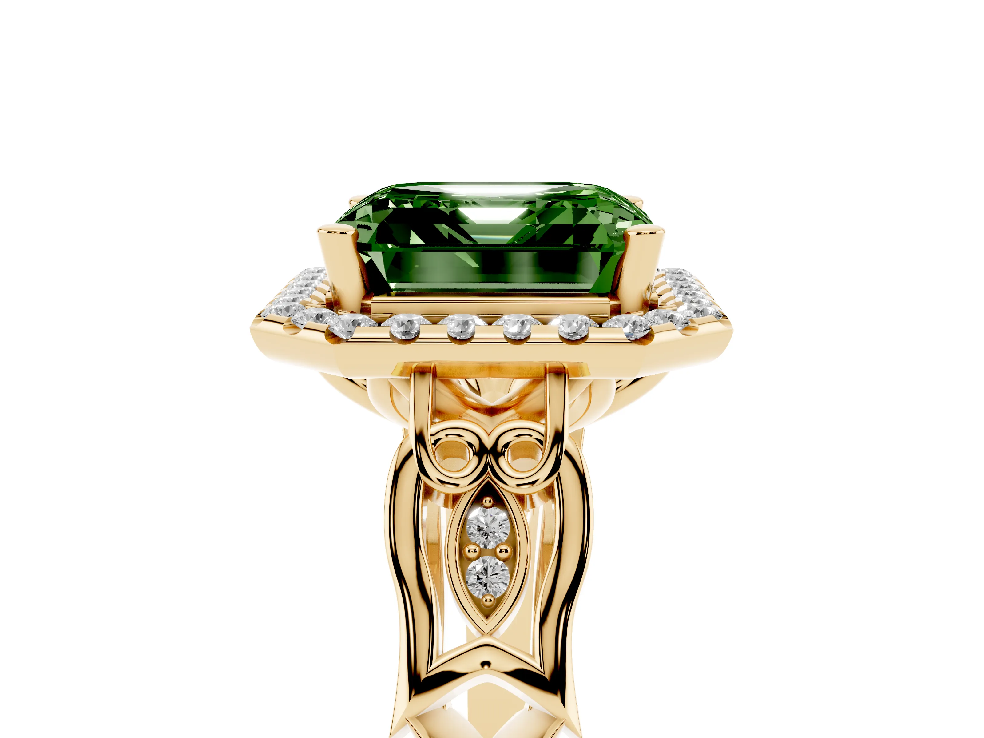 Fancy Green Asscher Cut Diamond Halo Engagement Ring Set in Yellow gold with Filigree Band and Prong-Set Center