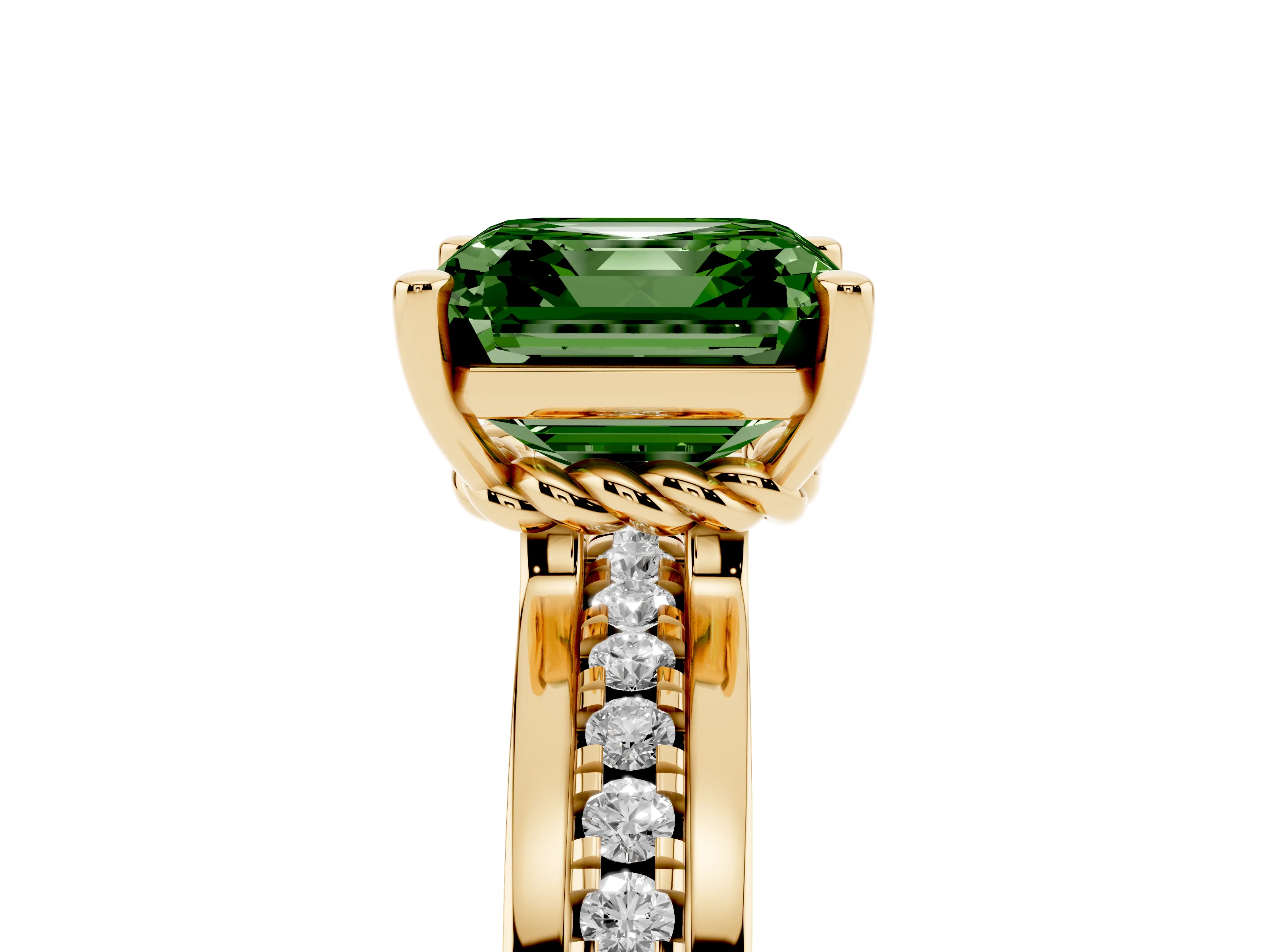 Fancy Green Asscher Cut Diamond Solitaire Ring Set in Yellow gold with Channel Set Band and Prong Setting