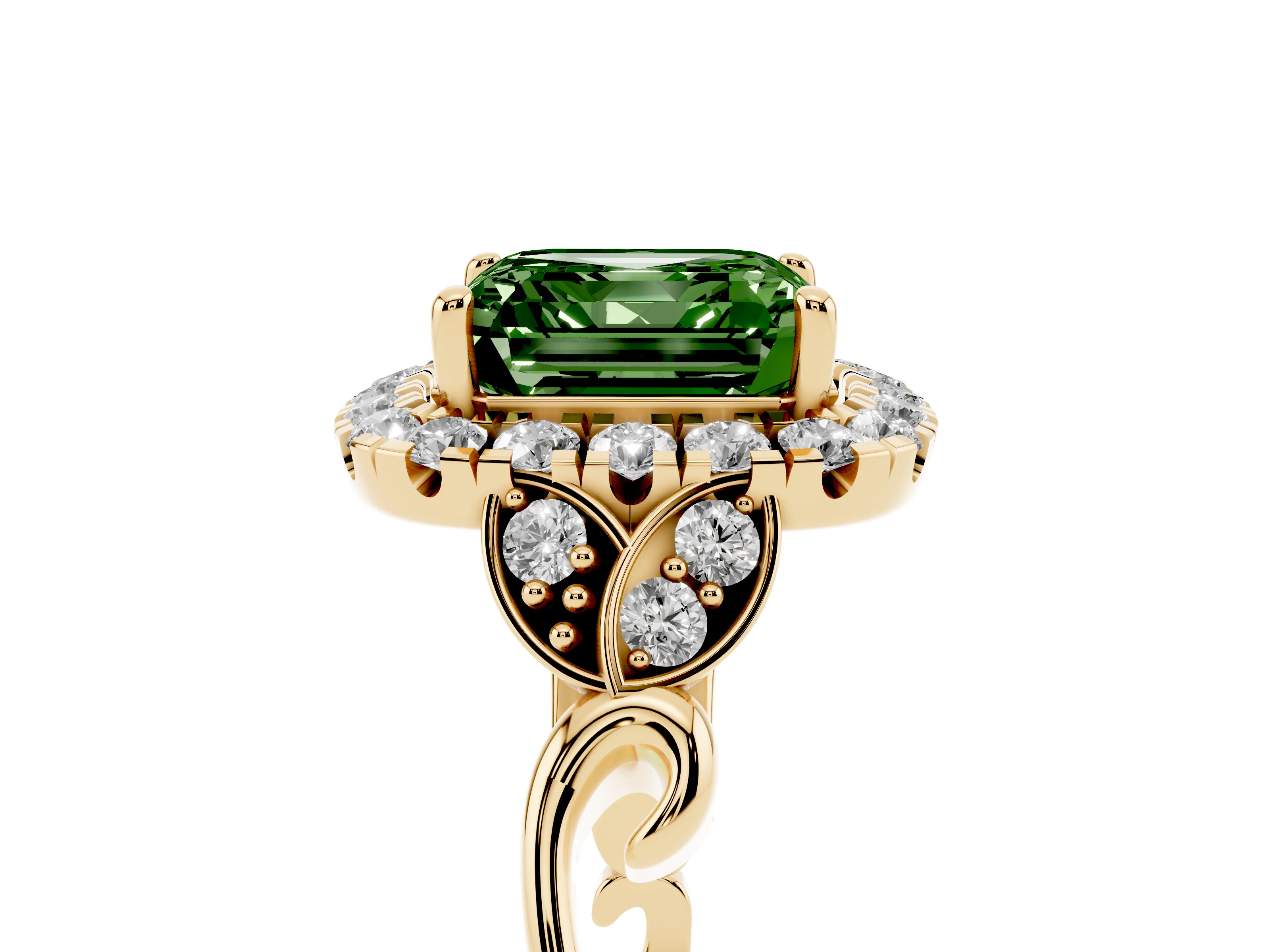 Fancy Green Asscher Cut Diamond Halo Engagement Ring Set in Yellow gold with Vintage-Inspired Band and Prong Setting