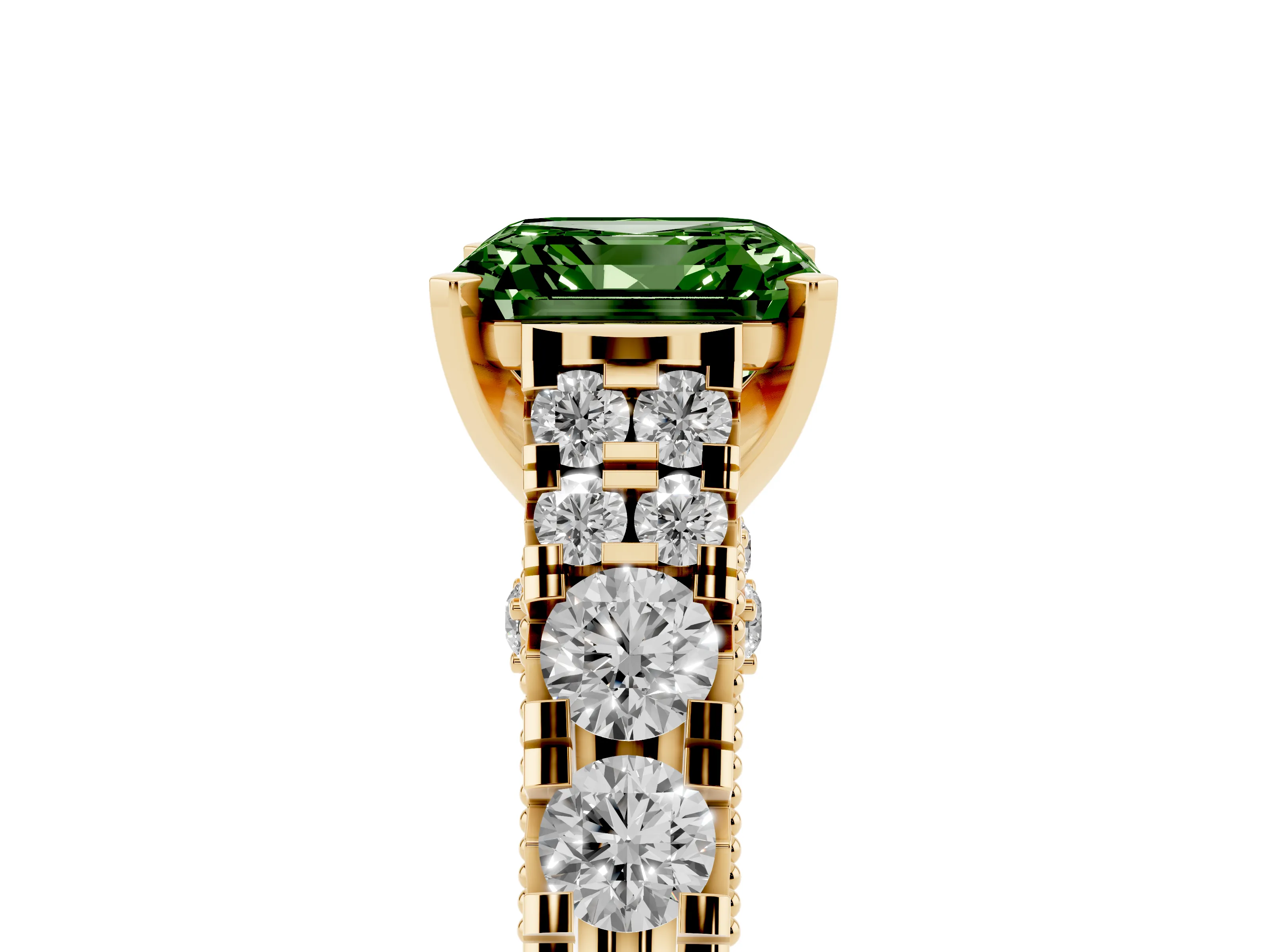 Fancy Green Asscher Cut Diamond Classic Solitaire Ring Set in Yellow gold with Pavé Band and Prong Setting